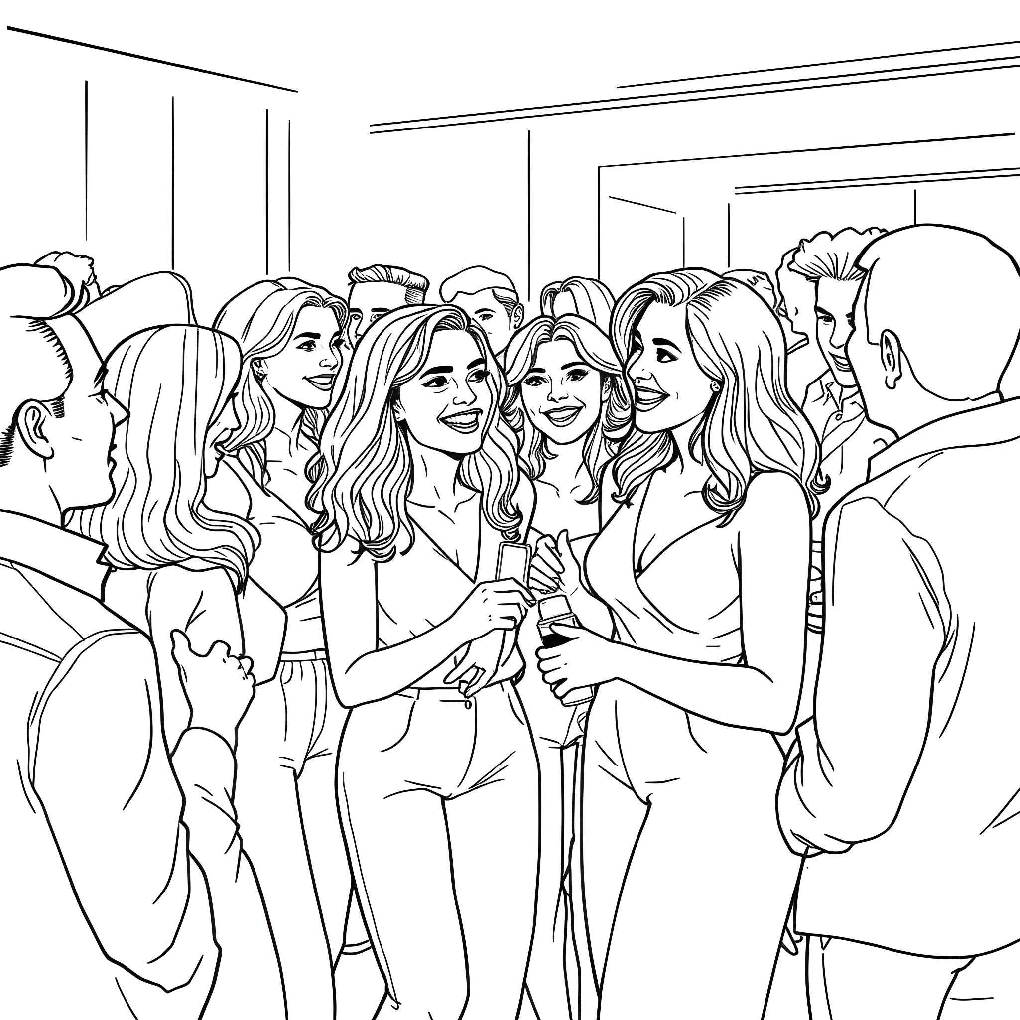 Girls enjoying a social gathering Coloring Page (free black-and-white line drawing printable PDF for all, from beginners to advanced learners, including children, teens, adults, and seniors)