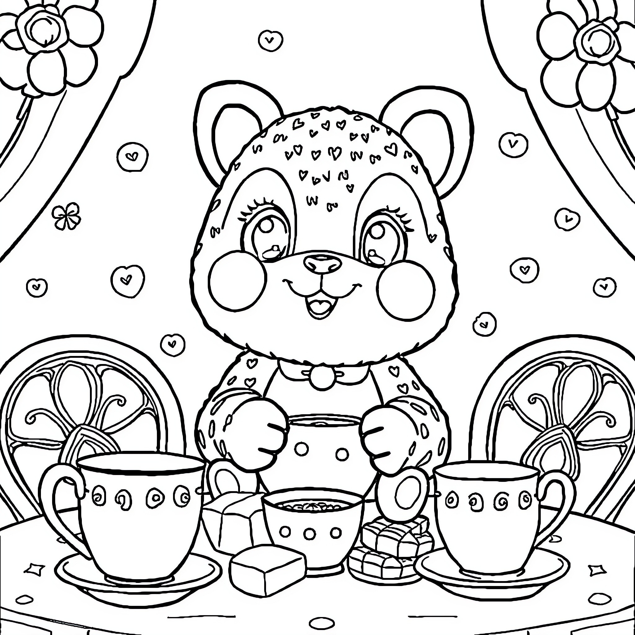 Labubu enjoying a cozy tea party Coloring Page (free black-and-white line drawing printable PDF for all, from beginners to advanced learners, including children, teens, adults, and seniors)