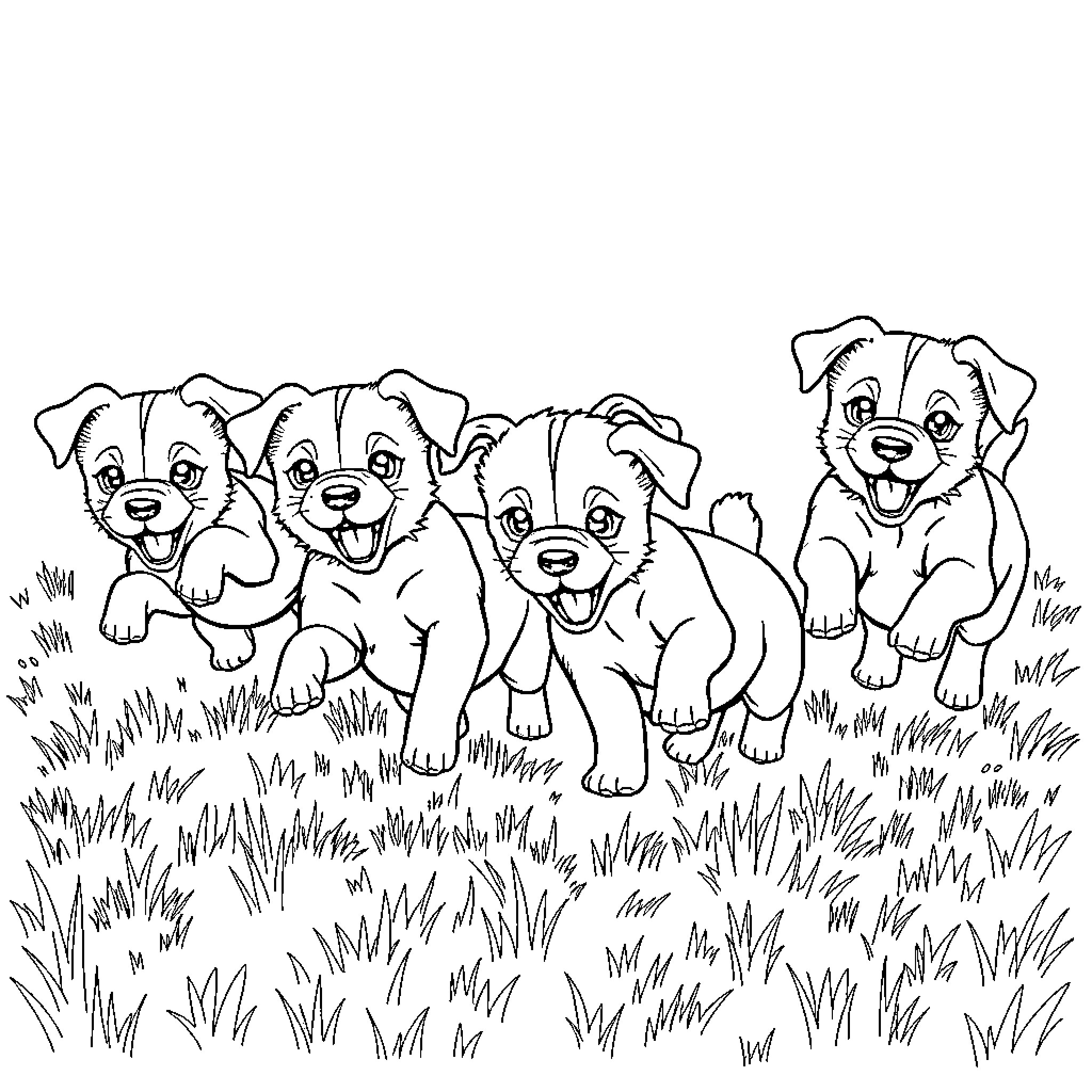 Puppy Pals Playing Happily in the Grass Coloring Page (free black-and-white line drawing printable PDF for all, from beginners to advanced learners, including children, teens, adults, and seniors)