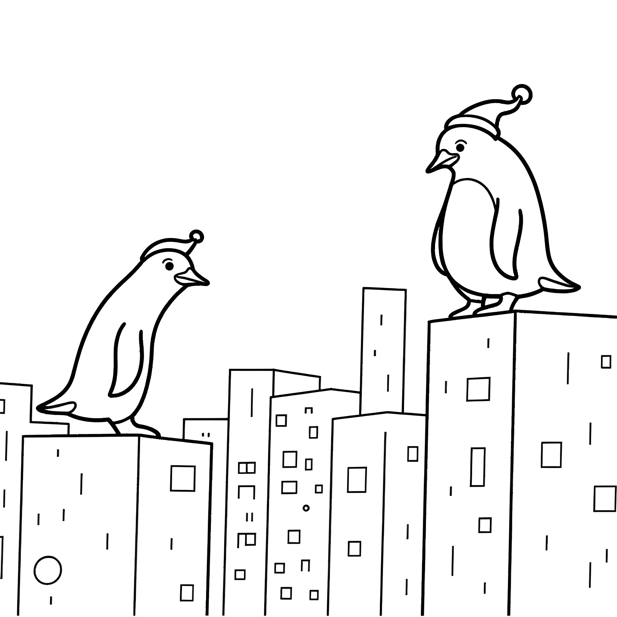 Penguins standing on city buildings Coloring Page (free black-and-white line drawing printable PDF for all, from beginners to advanced learners, including children, teens, adults, and seniors)