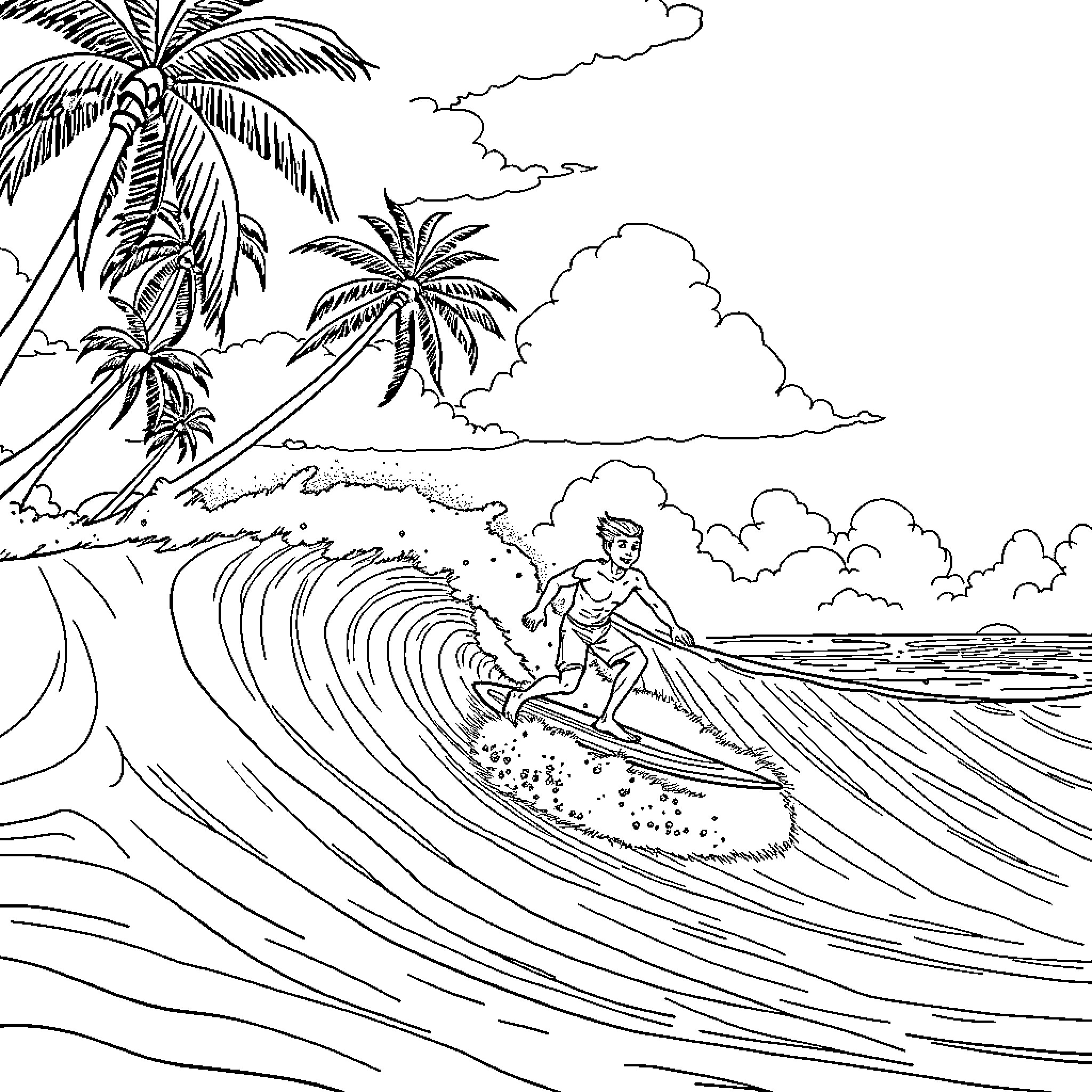 Zuma surfing the big waves near palm trees Coloring Page (free black-and-white line drawing printable PDF for all, from beginners to advanced learners, including children, teens, adults, and seniors)