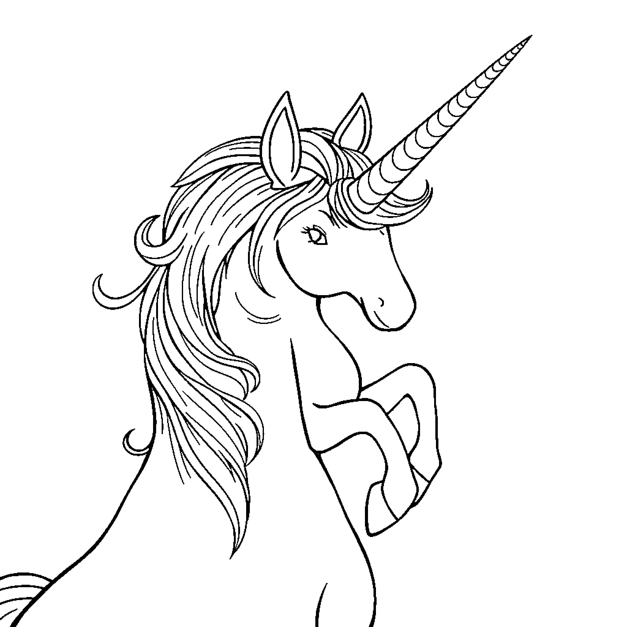 Unicorn with flowing mane in graceful pose Coloring Page (free black-and-white line drawing printable PDF for all, from beginners to advanced learners, including children, teens, adults, and seniors)