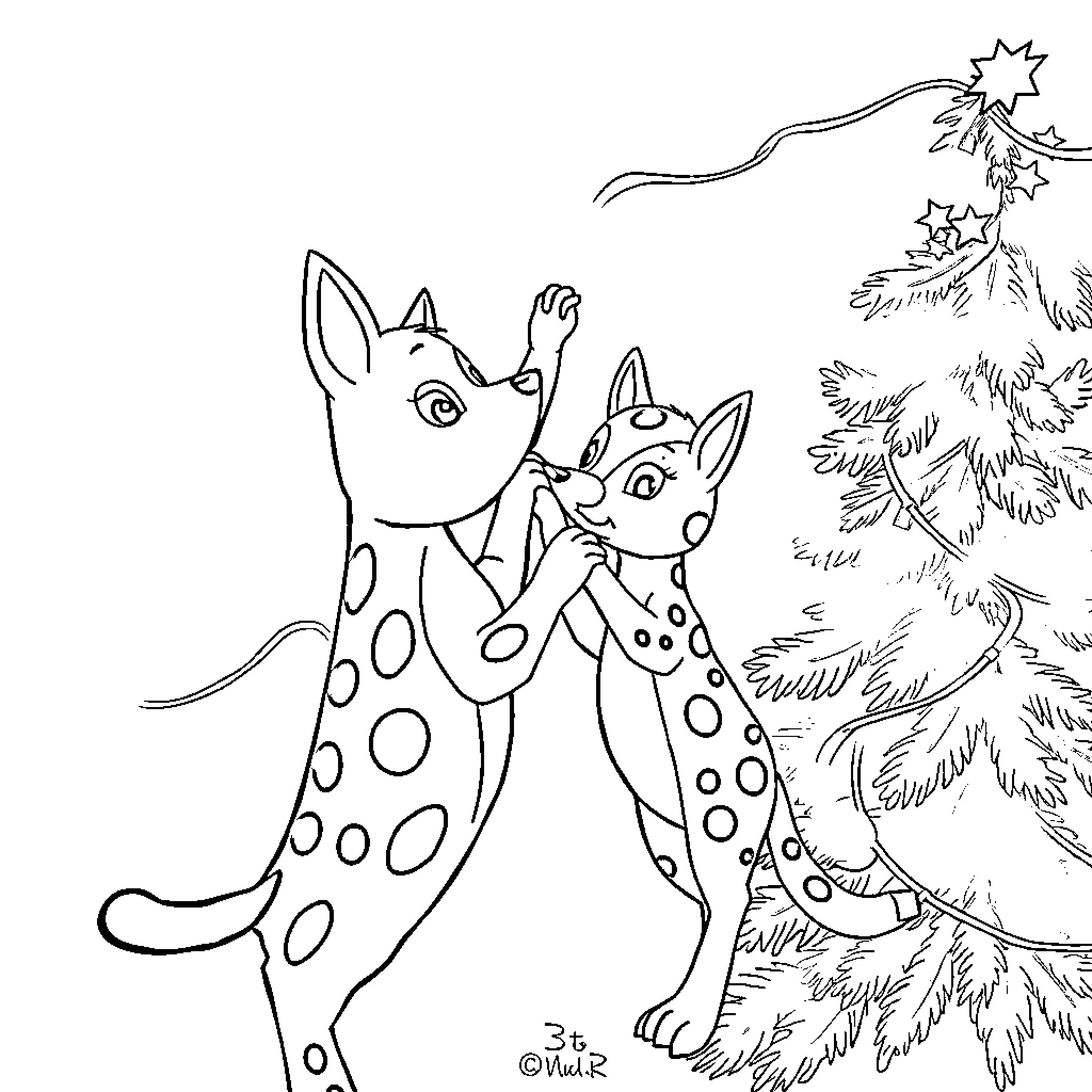 Huntrix Reindeer Frolics with Christmas Tree Coloring Page (free black-and-white line drawing printable PDF for all, from beginners to advanced learners, including children, teens, adults, and seniors)