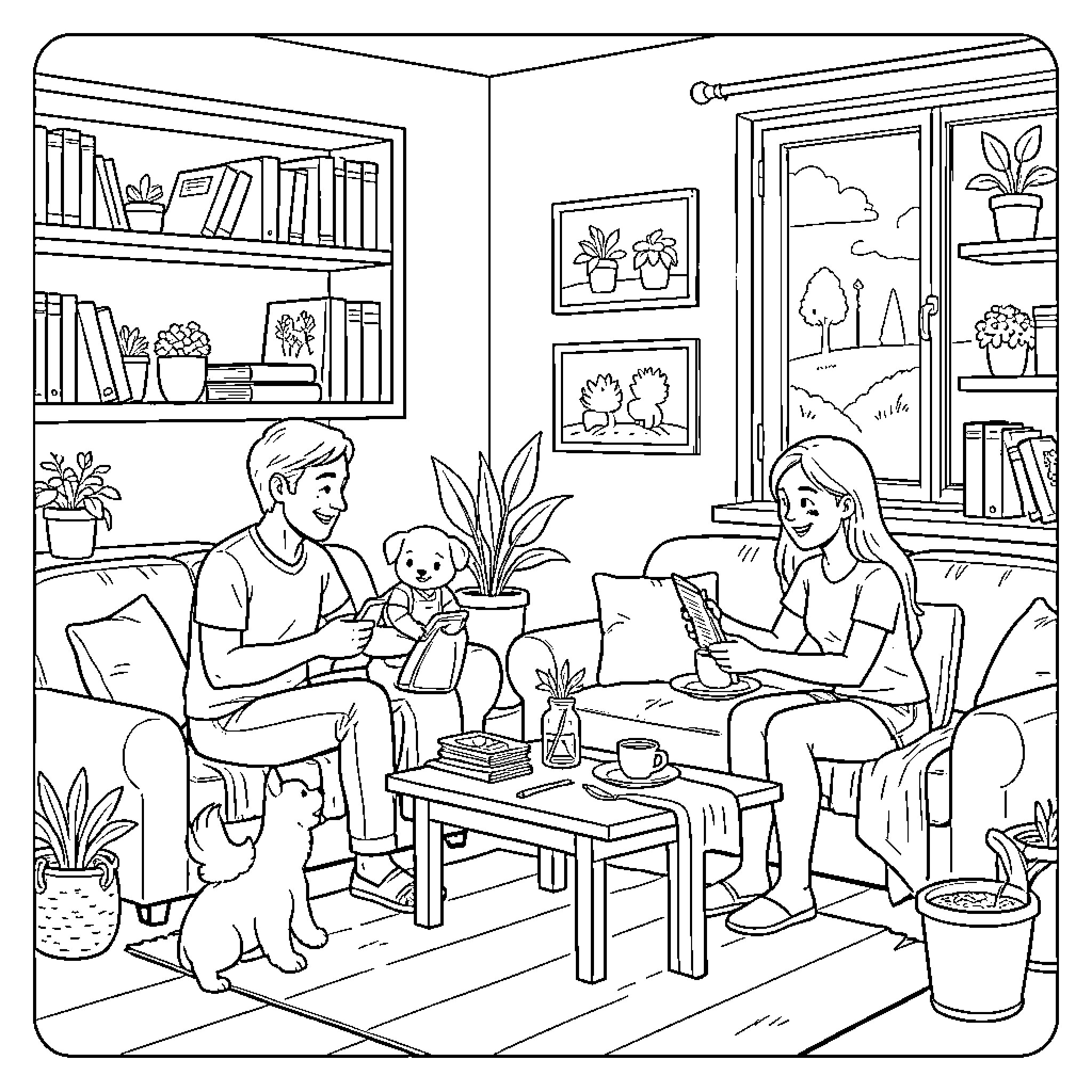 Realist scene of a young couple reading in a living room Coloring Page (free black-and-white line drawing printable PDF for all, from beginners to advanced learners, including children, teens, adults, and seniors)
