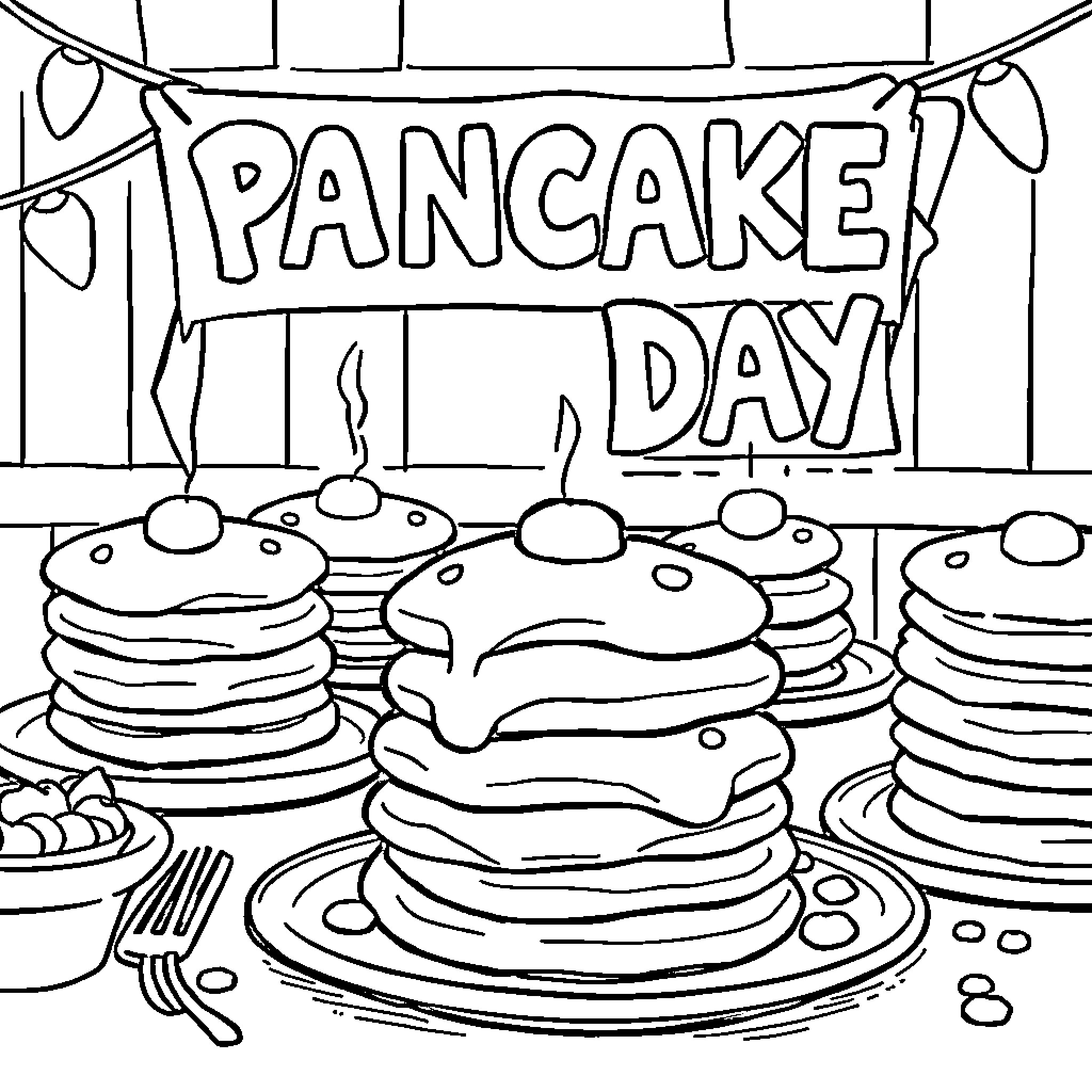 Pancake Day celebration with stacked pancakes Coloring Page (free black-and-white line drawing printable PDF for all, from beginners to advanced learners, including children, teens, adults, and seniors)
