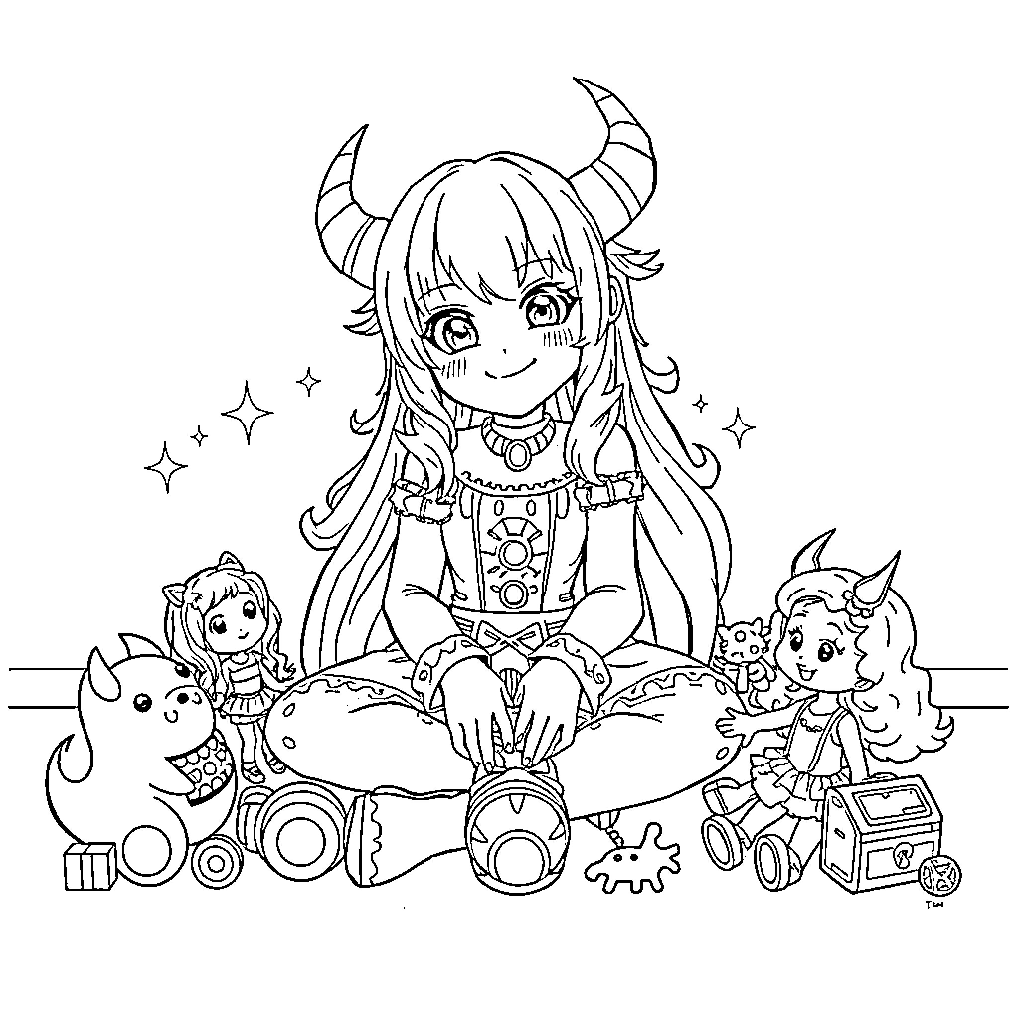 Rumi and her Fantastical Toys Coloring Page (free black-and-white line drawing printable PDF for all, from beginners to advanced learners, including children, teens, adults, and seniors)