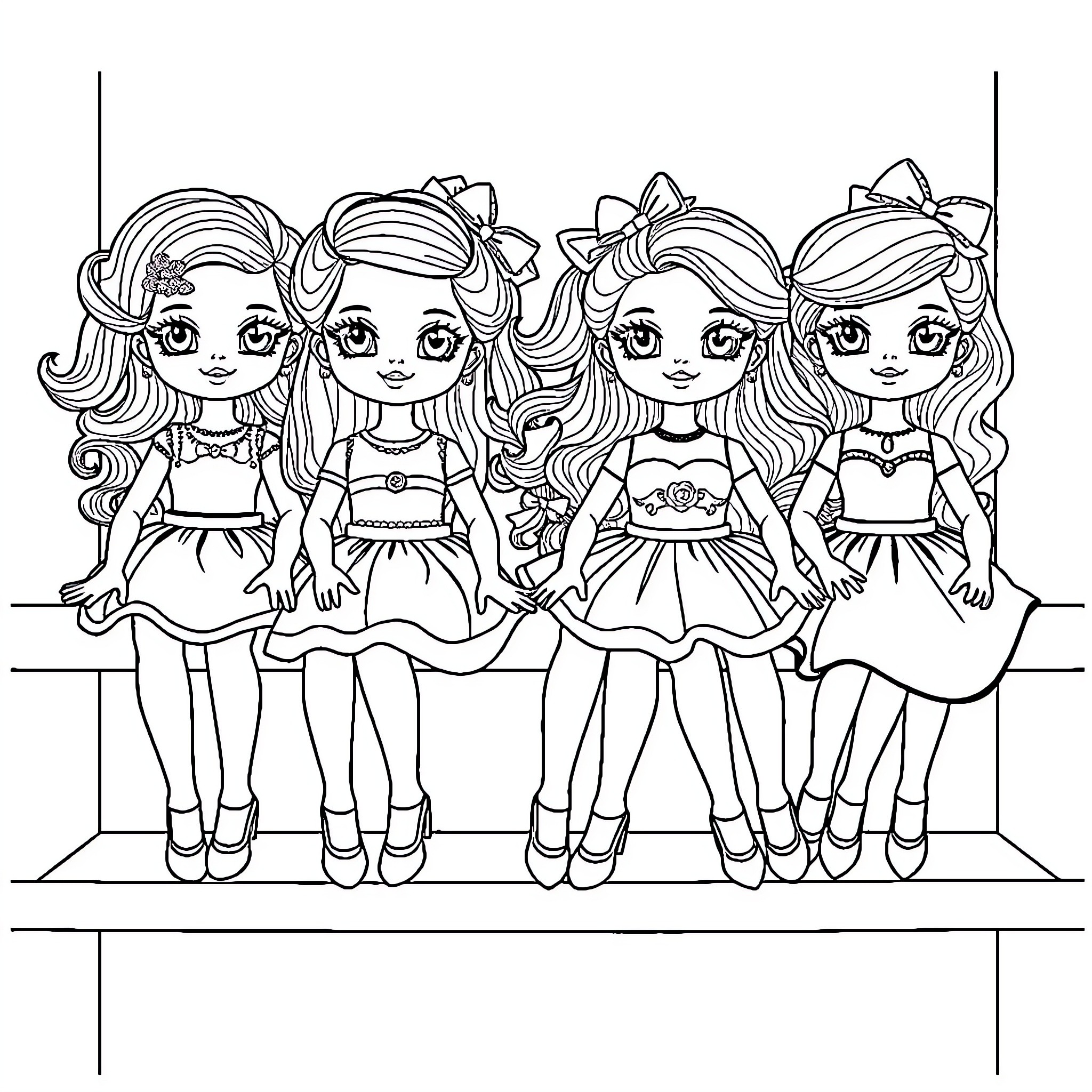 Dolls with cute dresses and hairstyles posing together Coloring Page (free black-and-white line drawing printable PDF for all, from beginners to advanced learners, including children, teens, adults, and seniors)