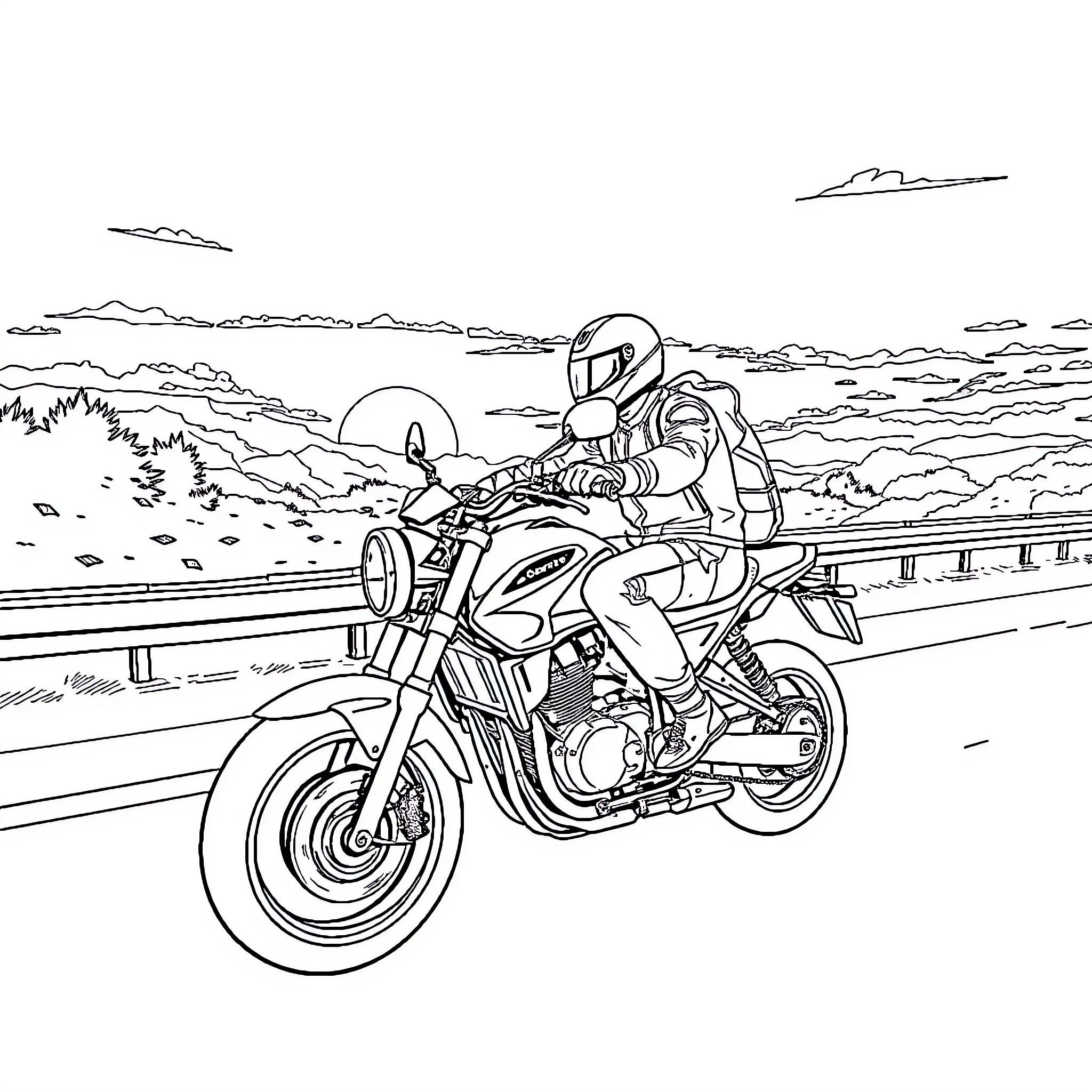 Personnage sur une moto sur la route Coloring Page (free black-and-white line drawing printable PDF for all, from beginners to advanced learners, including children, teens, adults, and seniors)