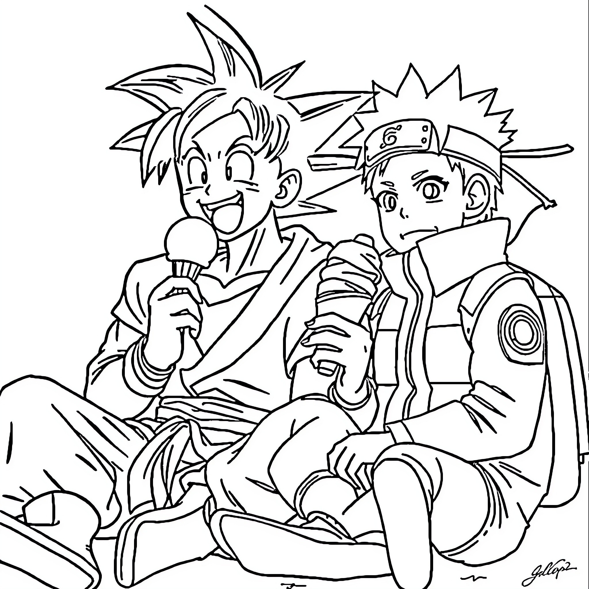 Goku and Naruto's Energetic Encounter Coloring Page (free black-and-white line drawing printable PDF for all, from beginners to advanced learners, including children, teens, adults, and seniors)