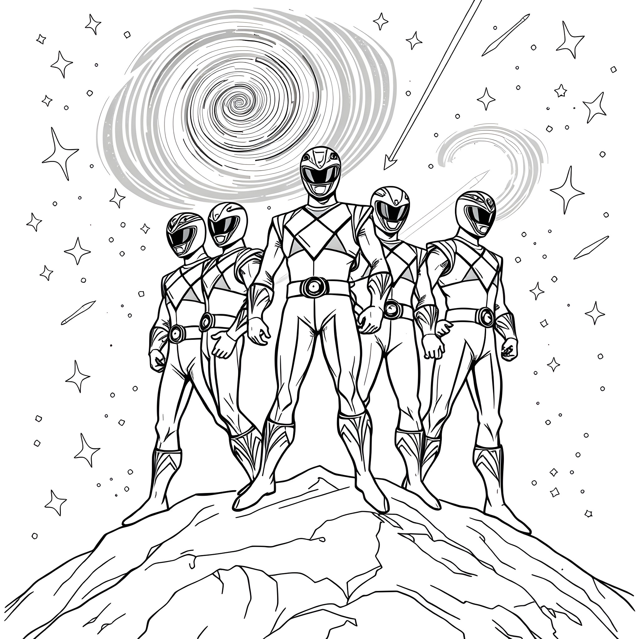 Power Ranger Heroes in Cosmic Action Coloring Page (free black-and-white line drawing printable PDF for all, from beginners to advanced learners, including children, teens, adults, and seniors)
