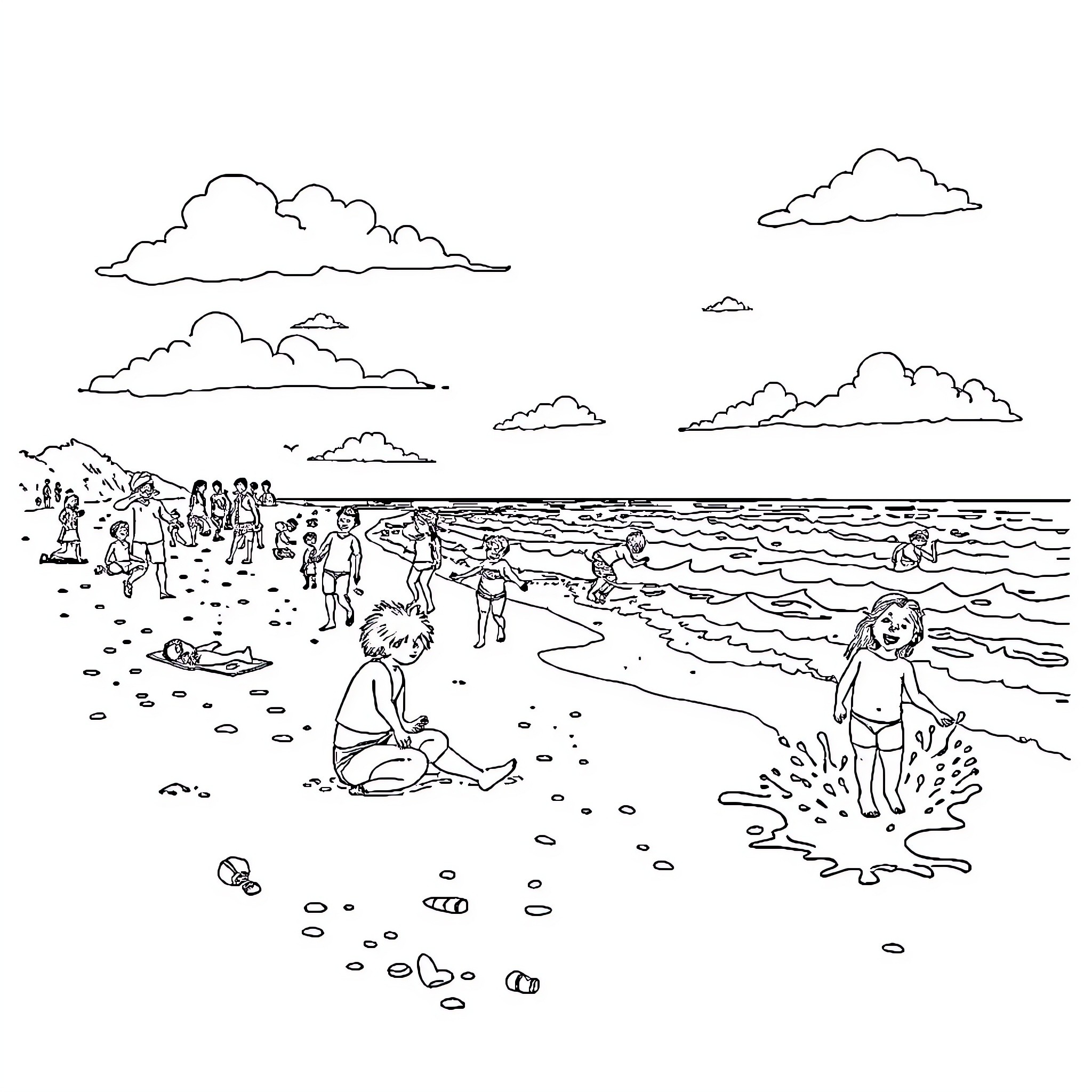 Beach scene with people enjoying summer activities Coloring Page (free black-and-white line drawing printable PDF for all, from beginners to advanced learners, including children, teens, adults, and seniors)