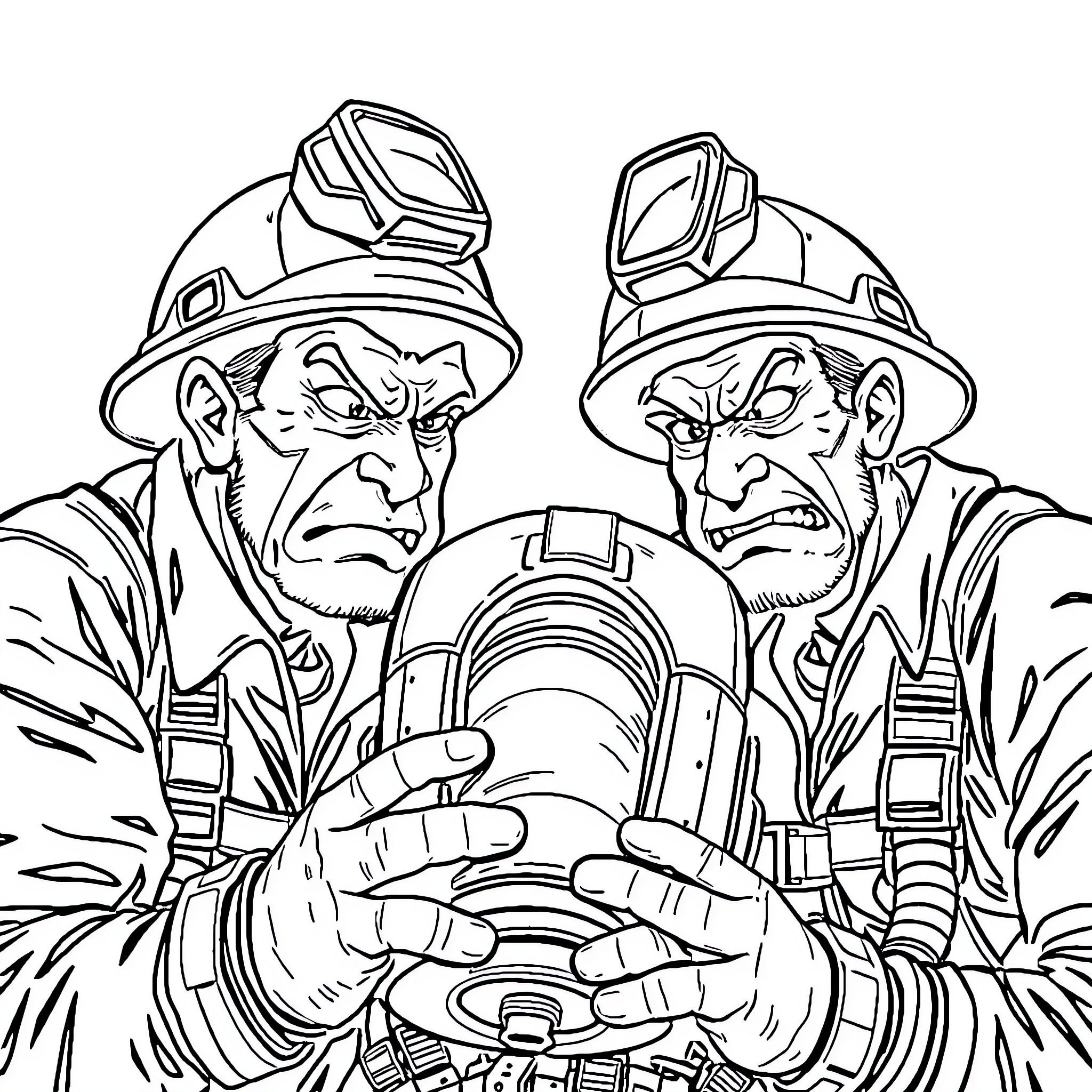 Guy Firefighters Operating Emergency Equipment Coloring Page (free black-and-white line drawing printable PDF for all, from beginners to advanced learners, including children, teens, adults, and seniors)