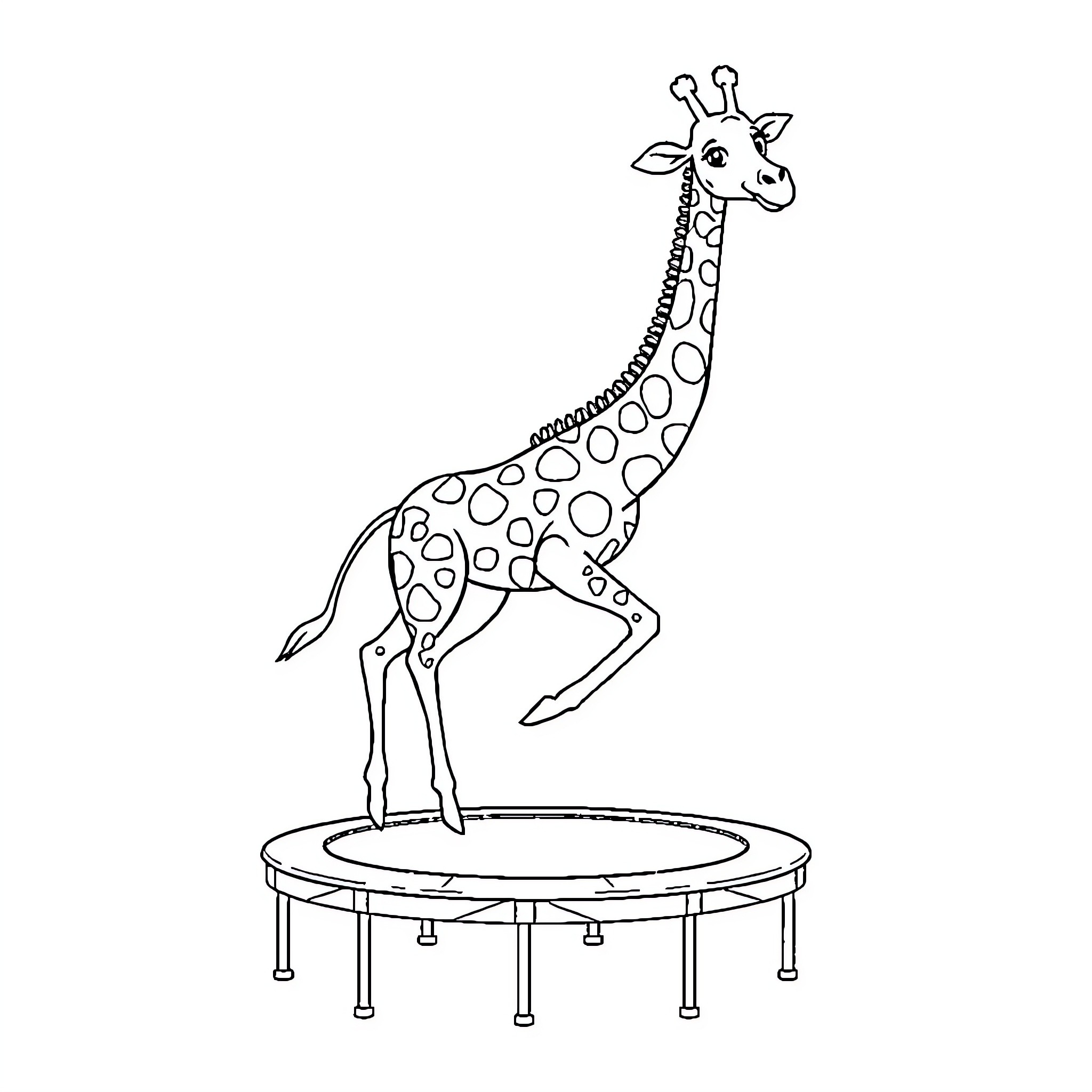 Giraffe jumping on trampoline Coloring Page (free black-and-white line drawing printable PDF for all, from beginners to advanced learners, including children, teens, adults, and seniors)
