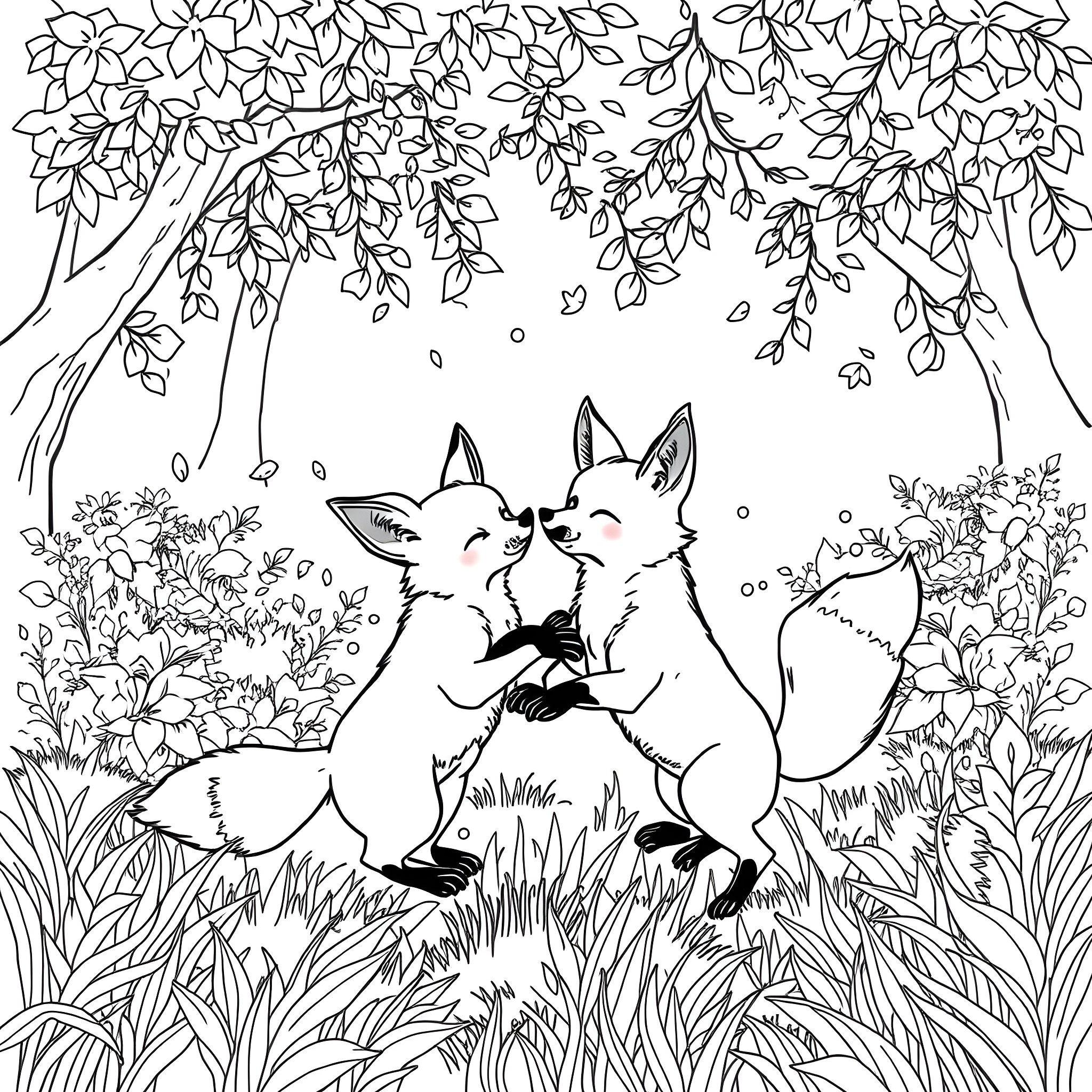 Foxes playing in the forest Coloring Page (free black-and-white line drawing printable PDF for all, from beginners to advanced learners, including children, teens, adults, and seniors)