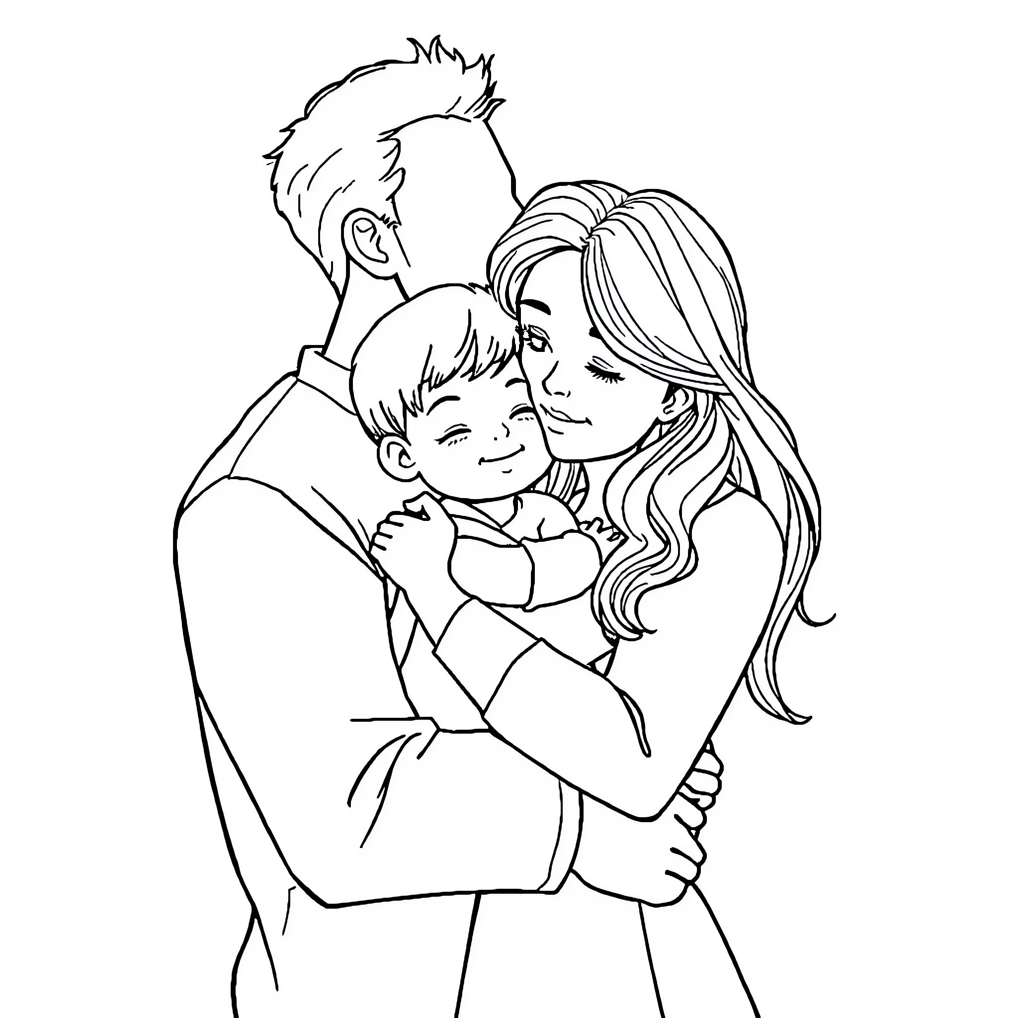Parents lovingly embracing their child Coloring Page (free black-and-white line drawing printable PDF for all, from beginners to advanced learners, including children, teens, adults, and seniors)