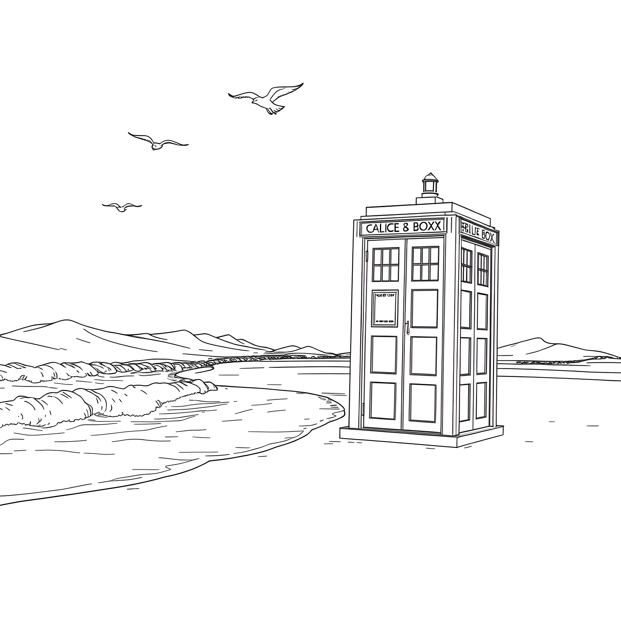 TARDIS overlooking a scenic landscape Coloring Page (free black-and-white line drawing printable PDF for all, from beginners to advanced learners, including children, teens, adults, and seniors)