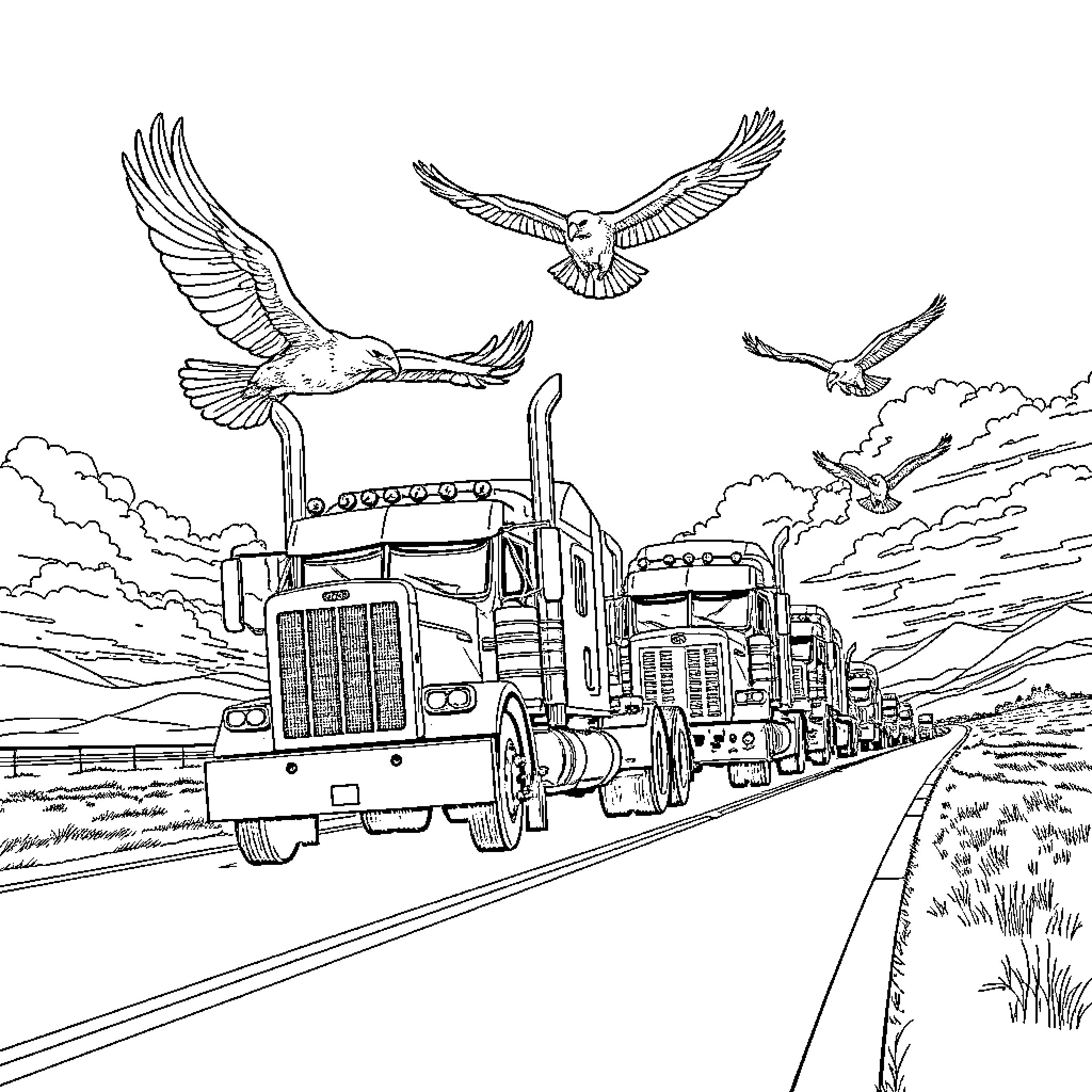 Truck convoy soaring with eagle companions Coloring Page (free black-and-white line drawing printable PDF for all, from beginners to advanced learners, including children, teens, adults, and seniors)