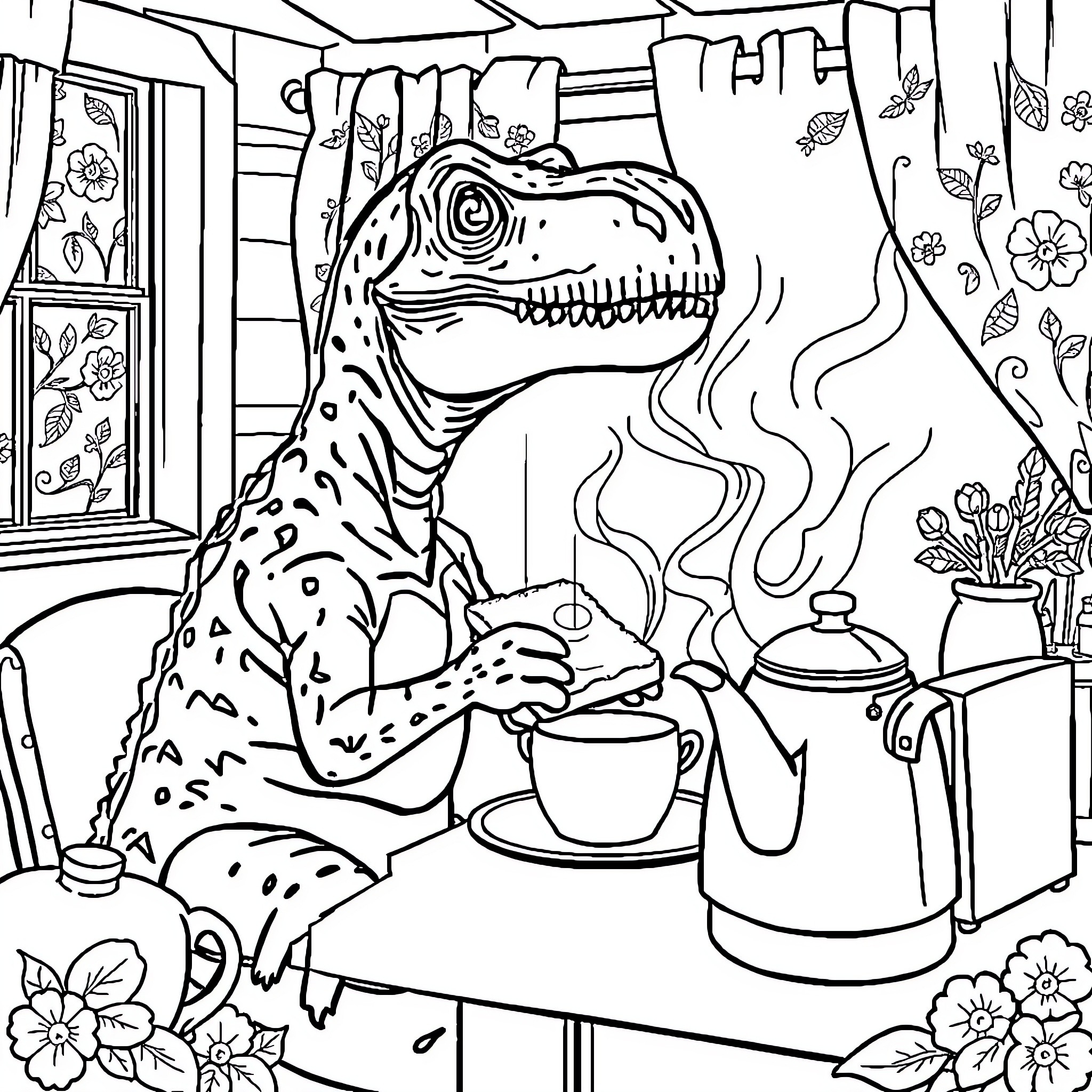 Velociraptor enjoying a cozy cup of tea Coloring Page (free black-and-white line drawing printable PDF for all, from beginners to advanced learners, including children, teens, adults, and seniors)