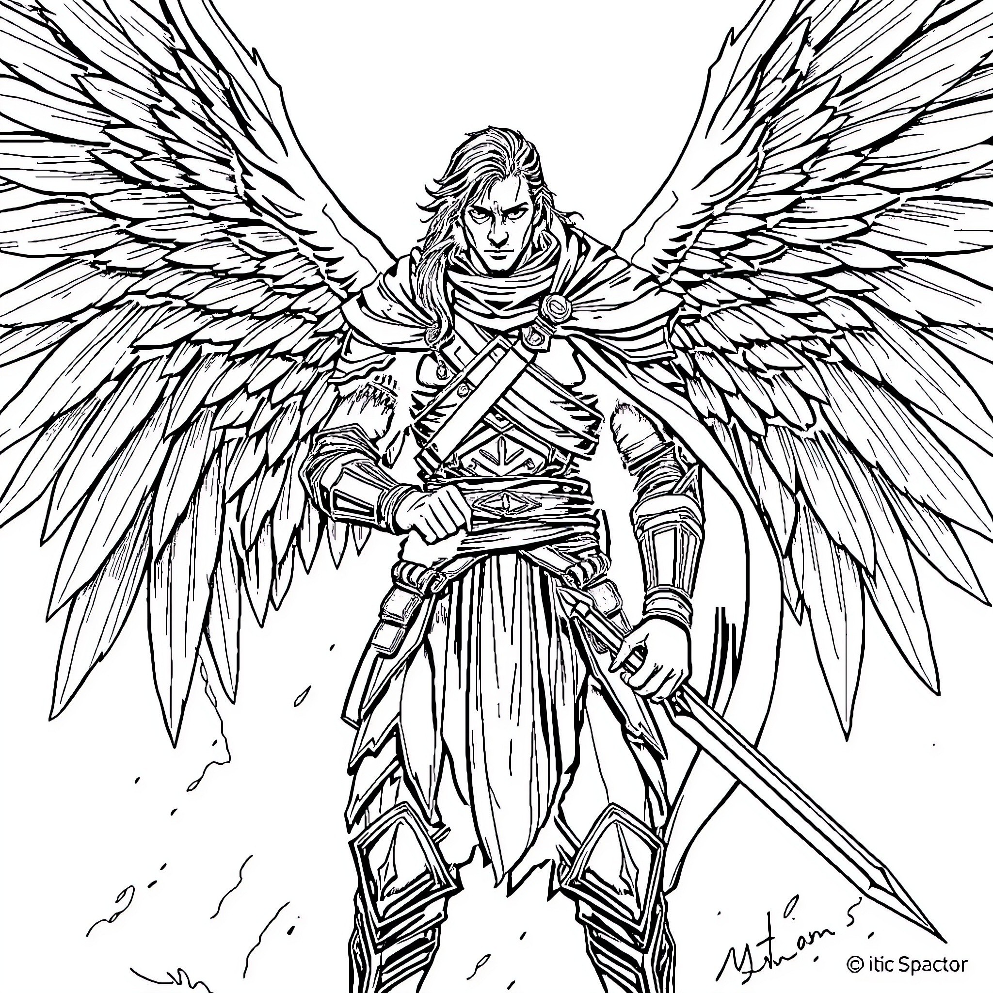 Cassian, the Winged Warrior Coloring Page (free black-and-white line drawing printable PDF for all, from beginners to advanced learners, including children, teens, adults, and seniors)