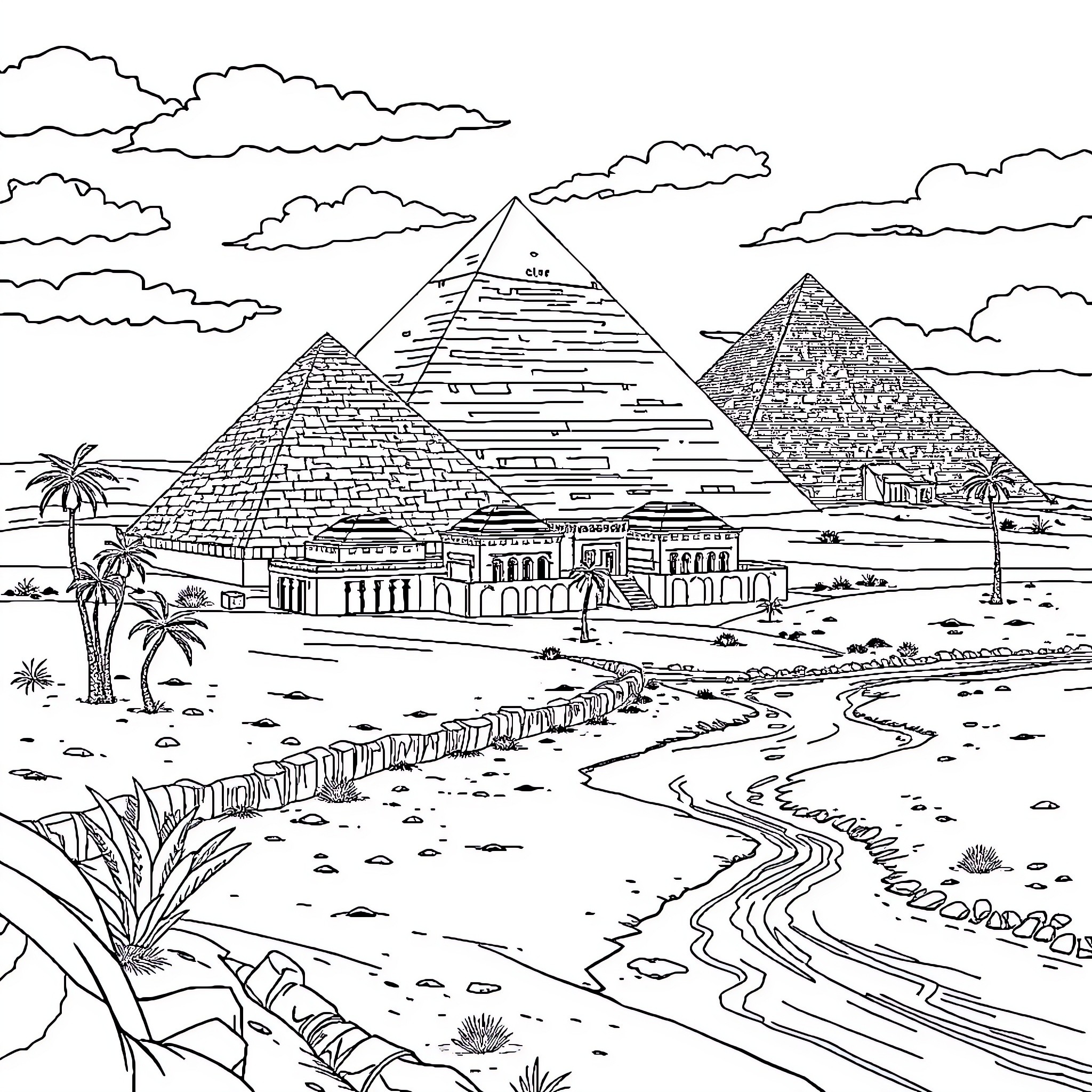 Egypt's Ancient Pyramids and Architectural Wonders Coloring Page (free black-and-white line drawing printable PDF for all, from beginners to advanced learners, including children, teens, adults, and seniors)