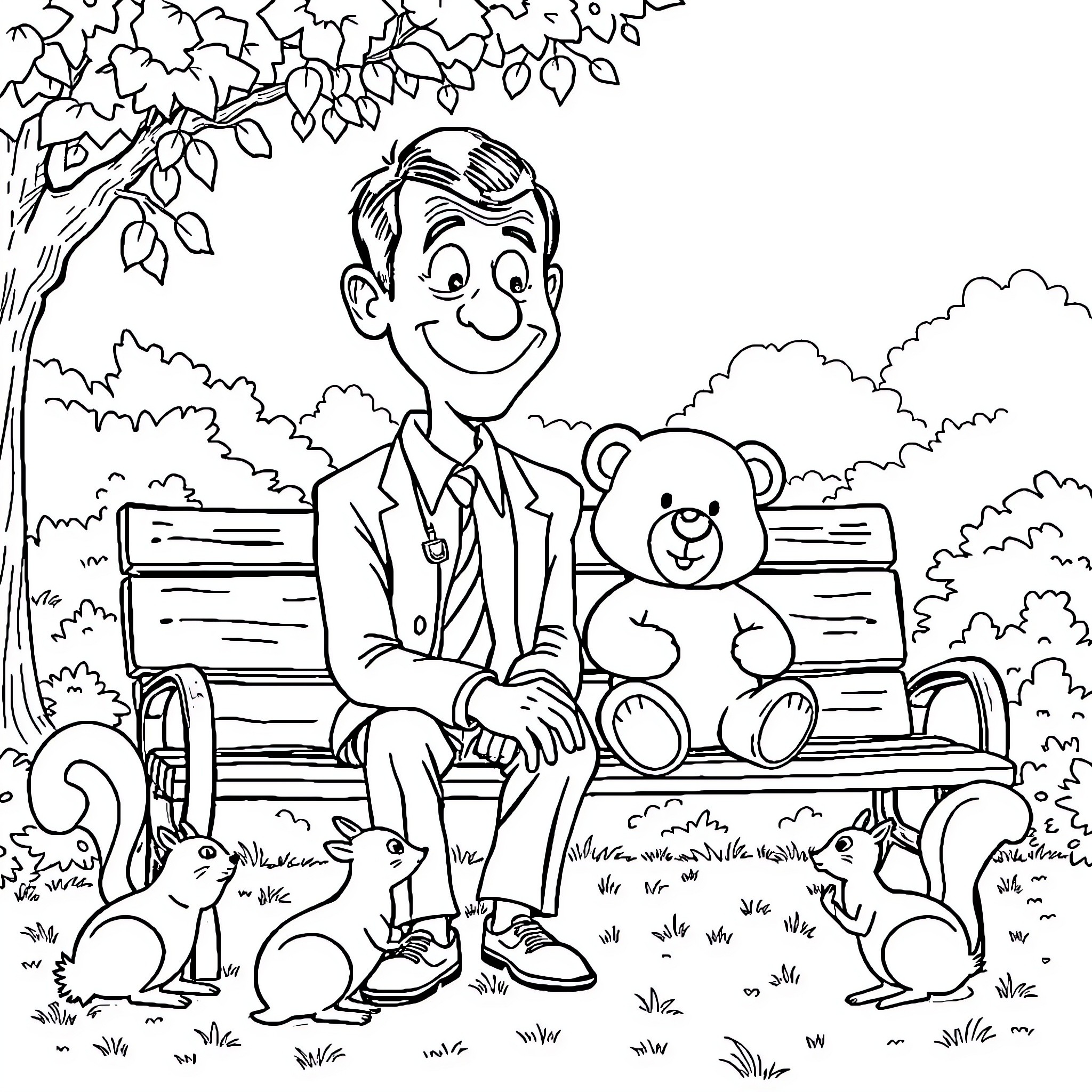 Mr Bean's relaxing day in the park with friends Coloring Page (free black-and-white line drawing printable PDF for all, from beginners to advanced learners, including children, teens, adults, and seniors)