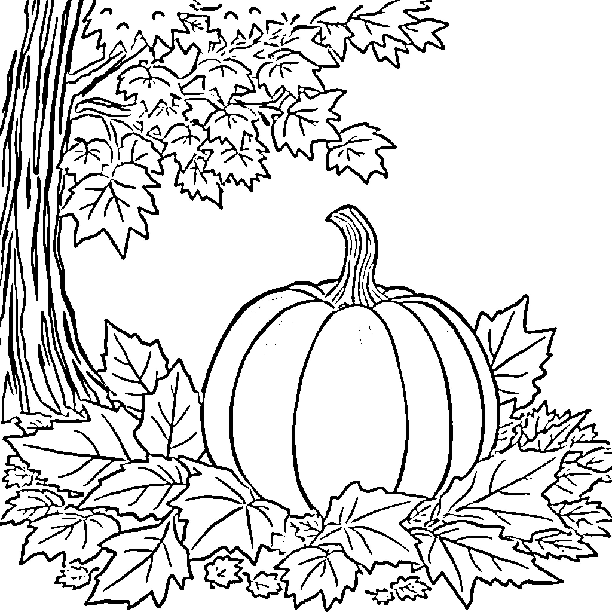 Pumpkin in the Fall Foliage Coloring Page (free black-and-white line drawing printable PDF for all, from beginners to advanced learners, including children, teens, adults, and seniors)
