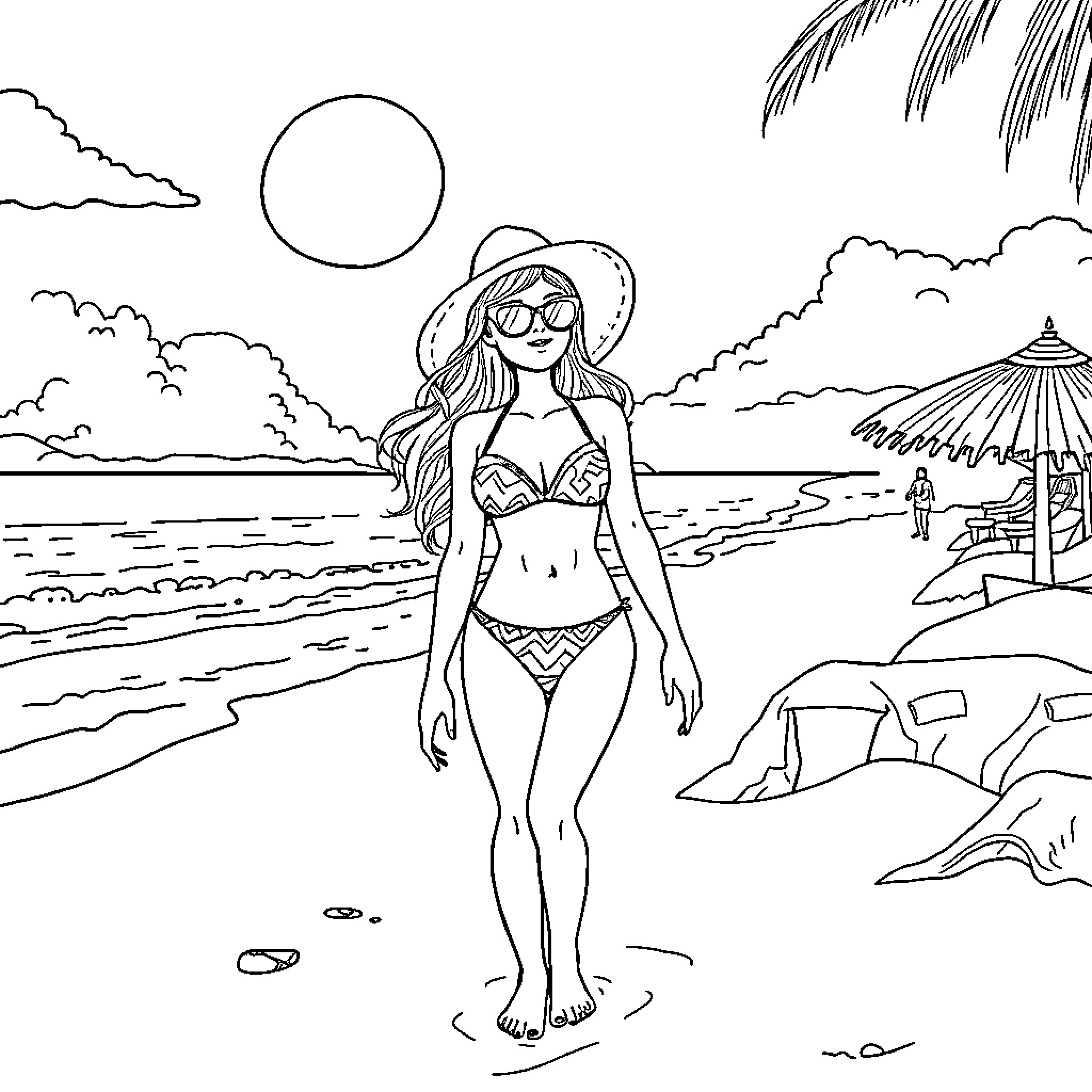 Girl enjoying summer day at the beach Coloring Page (free black-and-white line drawing printable PDF for all, from beginners to advanced learners, including children, teens, adults, and seniors)