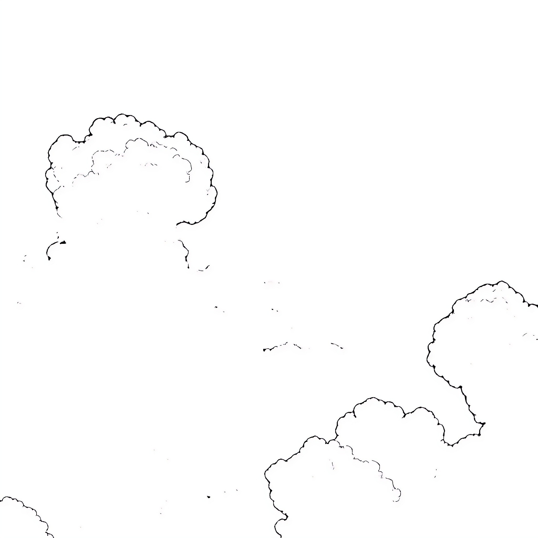 Blue Cloudy Skies with Floating Shapes Coloring Page (free black-and-white line drawing printable PDF for all, from beginners to advanced learners, including children, teens, adults, and seniors)