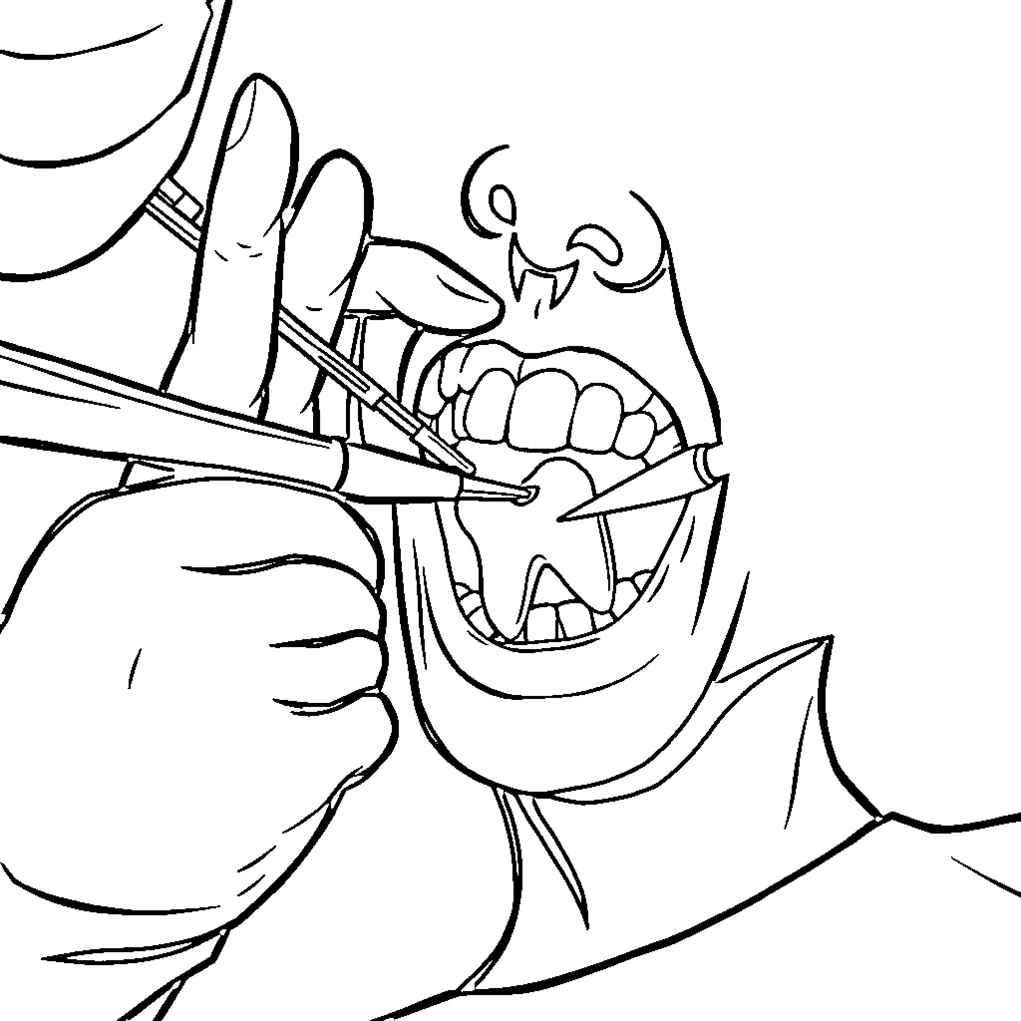 Dentist examining open patient mouth Coloring Page (free black-and-white line drawing printable PDF for all, from beginners to advanced learners, including children, teens, adults, and seniors)