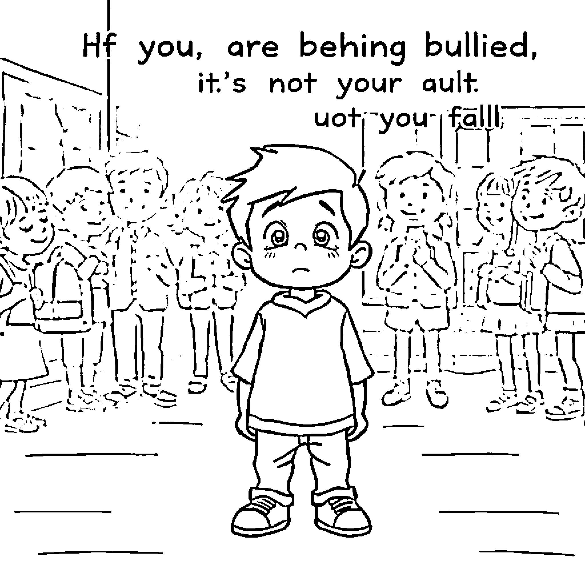 Boy confronted by bullies in crowd Coloring Page (free black-and-white line drawing printable PDF for all, from beginners to advanced learners, including children, teens, adults, and seniors)