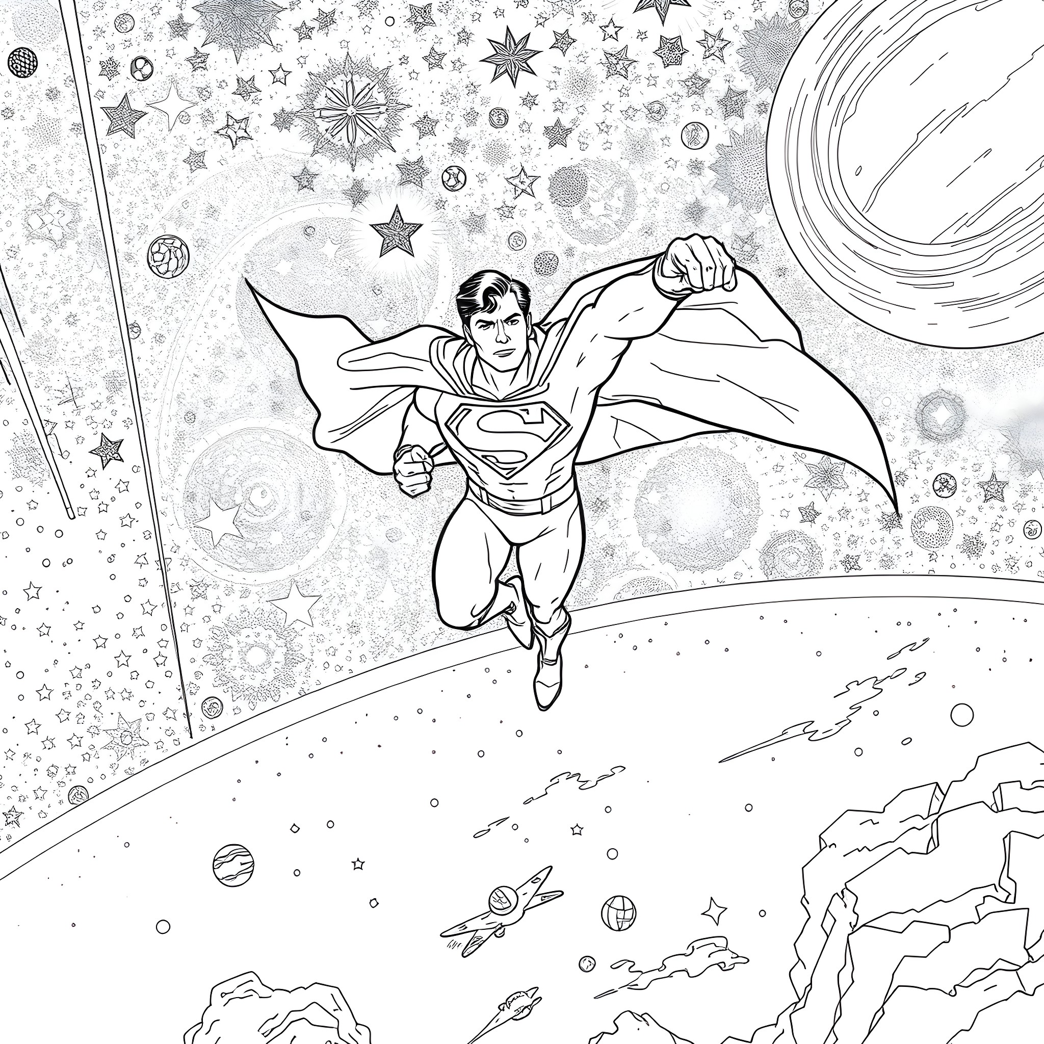 Superman soaring through the cosmic space Coloring Page (free black-and-white line drawing printable PDF for all, from beginners to advanced learners, including children, teens, adults, and seniors)
