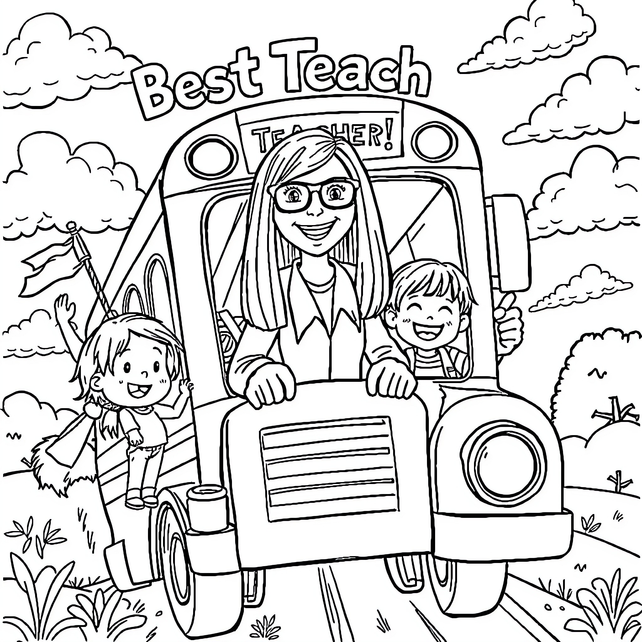Teacher driving students in a school bus Coloring Page (free black-and-white line drawing printable PDF for all, from beginners to advanced learners, including children, teens, adults, and seniors)