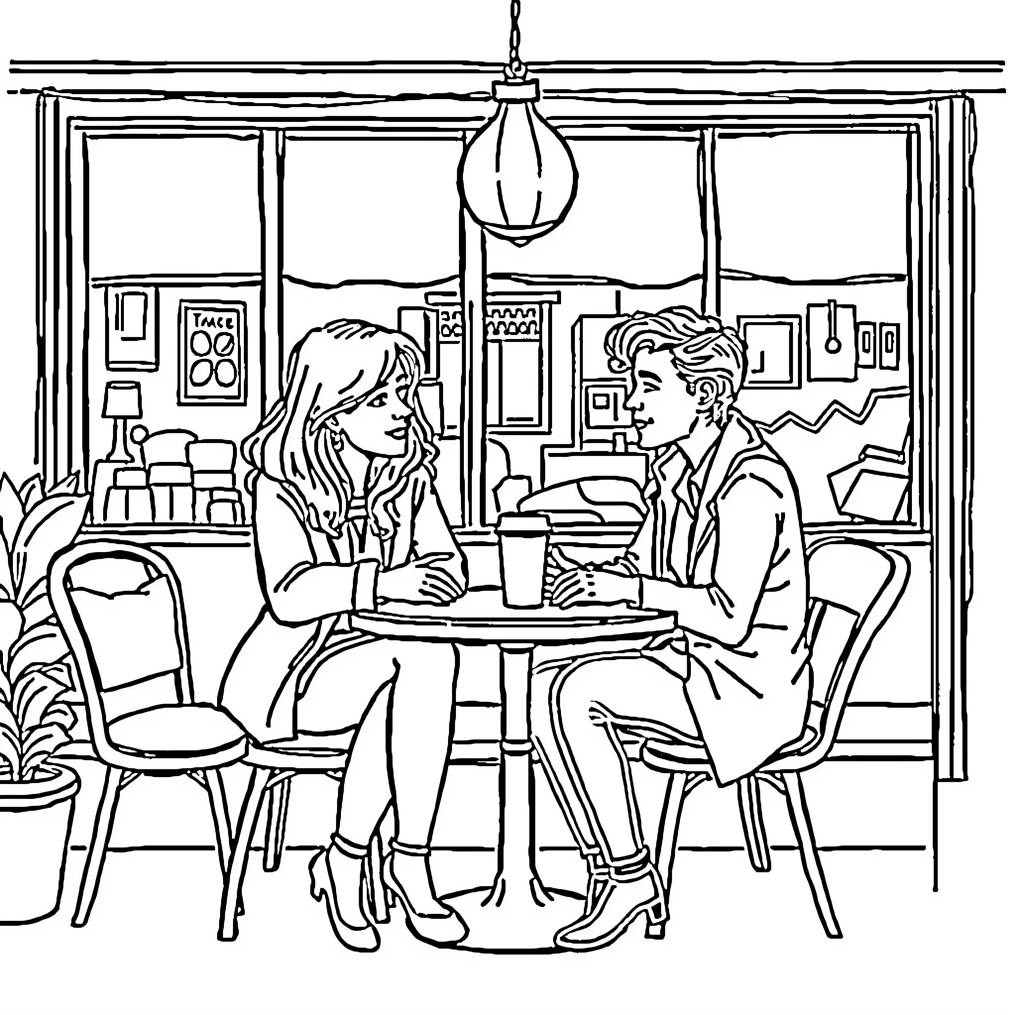 David and Gillian enjoying coffee at a cafe Coloring Page (free black-and-white line drawing printable PDF for all, from beginners to advanced learners, including children, teens, adults, and seniors)