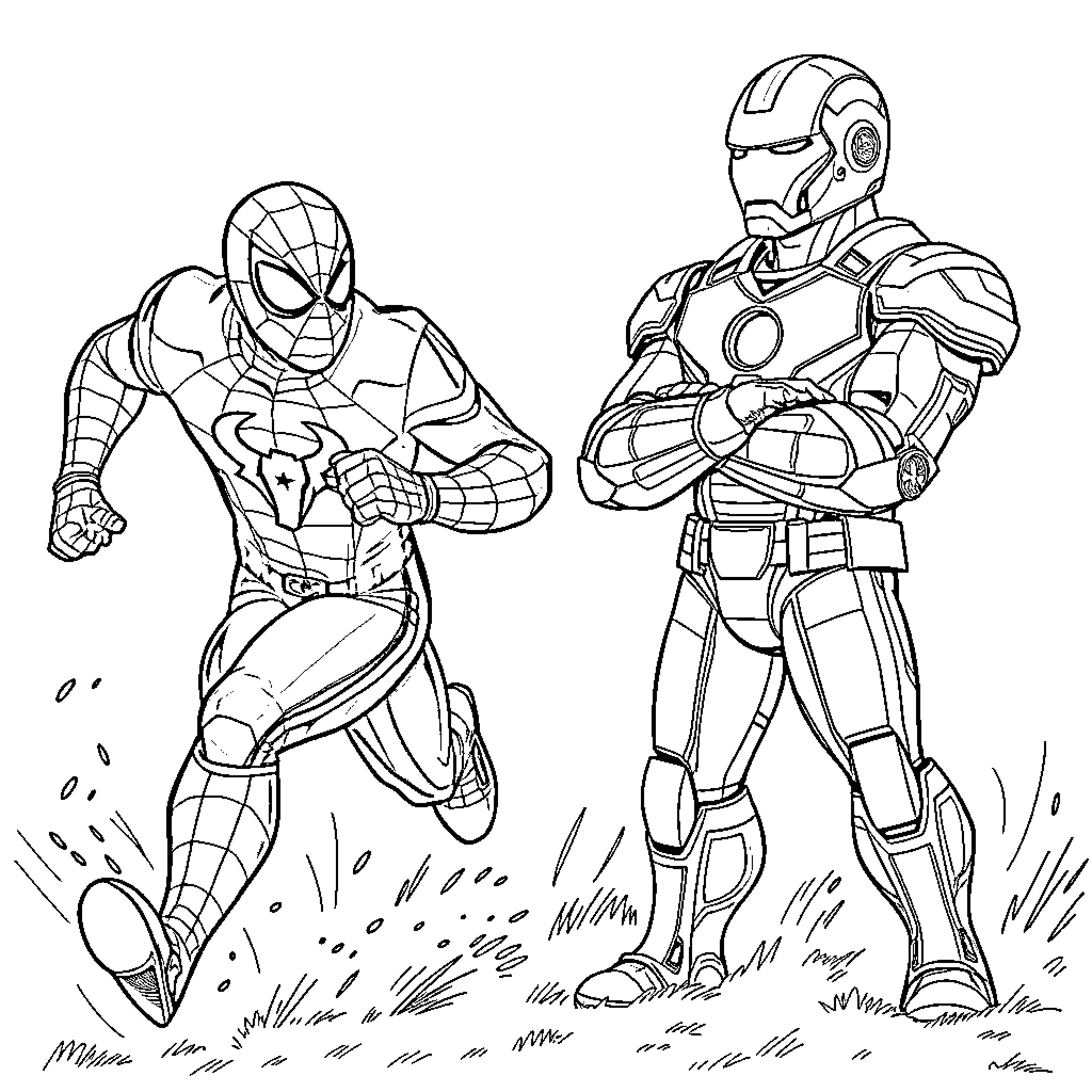 Spiderman and Iron Man in action-packed scene Coloring Page (free black-and-white line drawing printable PDF for all, from beginners to advanced learners, including children, teens, adults, and seniors)