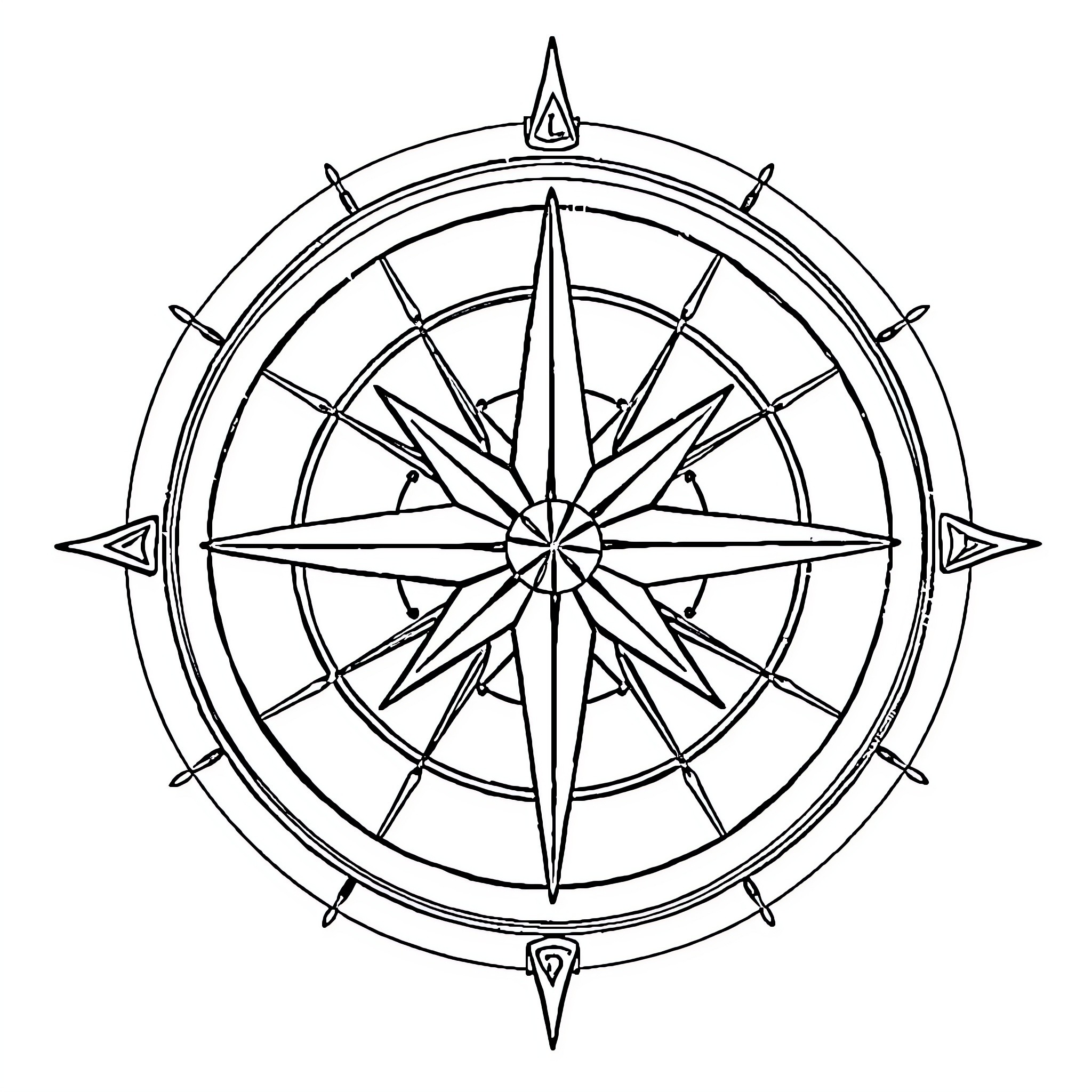 Rose-patterned Compass Rose with Detailed Design Coloring Page (free black-and-white line drawing printable PDF for all, from beginners to advanced learners, including children, teens, adults, and seniors)