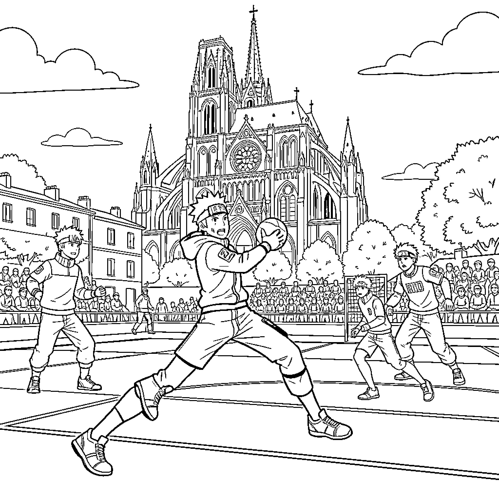 Naruto characters playing a sports game in a stadium Coloring Page (free black-and-white line drawing printable PDF for all, from beginners to advanced learners, including children, teens, adults, and seniors)