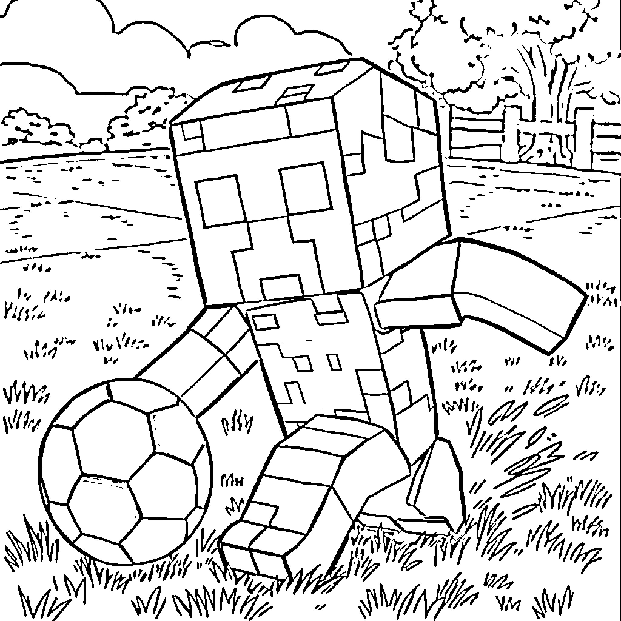 Creeper traversing the countryside with a soccer ball Coloring Page (free black-and-white line drawing printable PDF for all, from beginners to advanced learners, including children, teens, adults, and seniors)