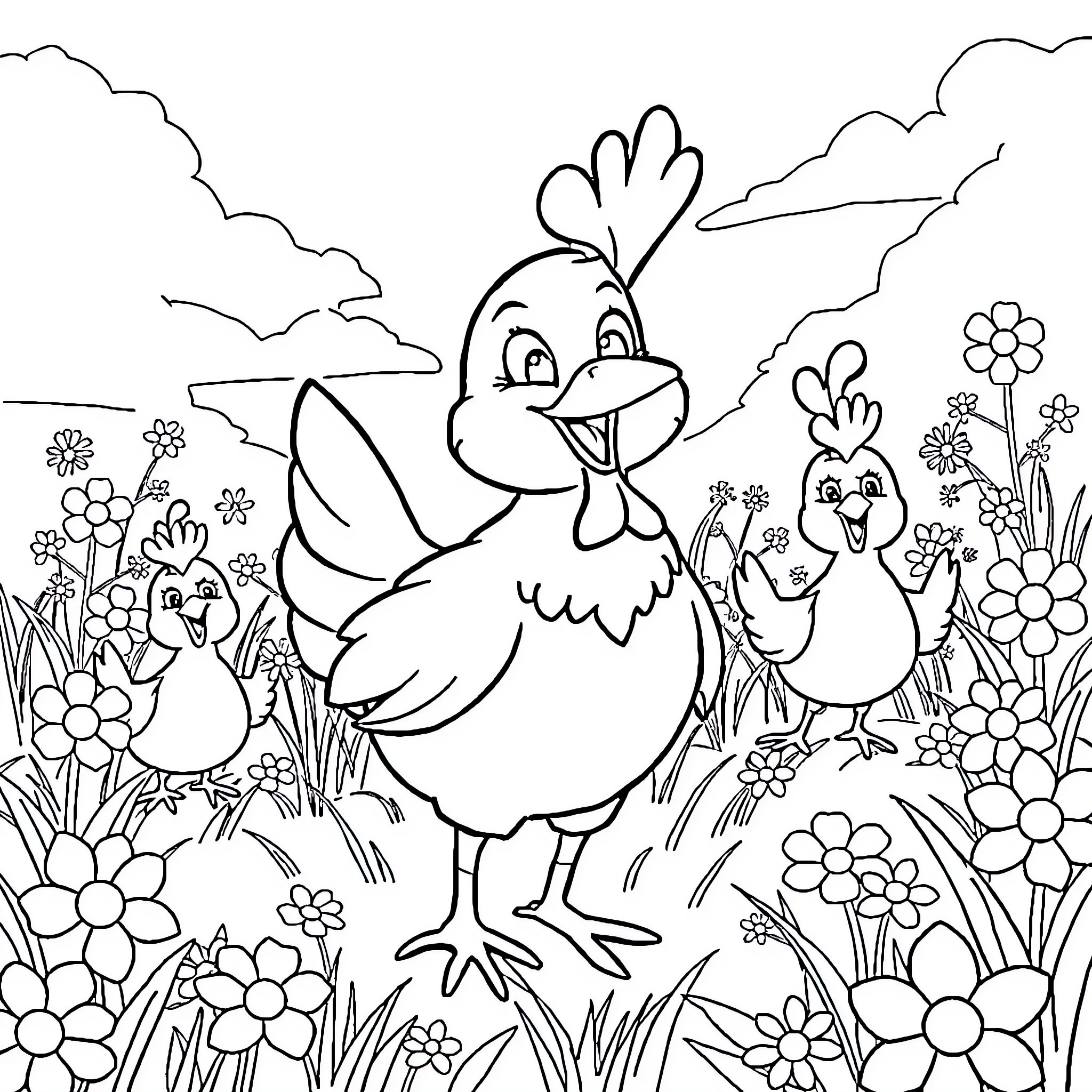 Chicken and chicks in a flowery field Coloring Page (free black-and-white line drawing printable PDF for all, from beginners to advanced learners, including children, teens, adults, and seniors)