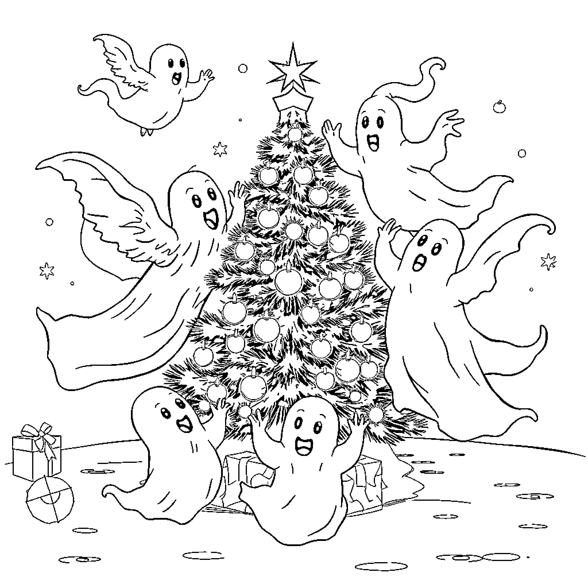 Ghost decorating Christmas tree with friendly spirits Coloring Page (free black-and-white line drawing printable PDF for all, from beginners to advanced learners, including children, teens, adults, and seniors)
