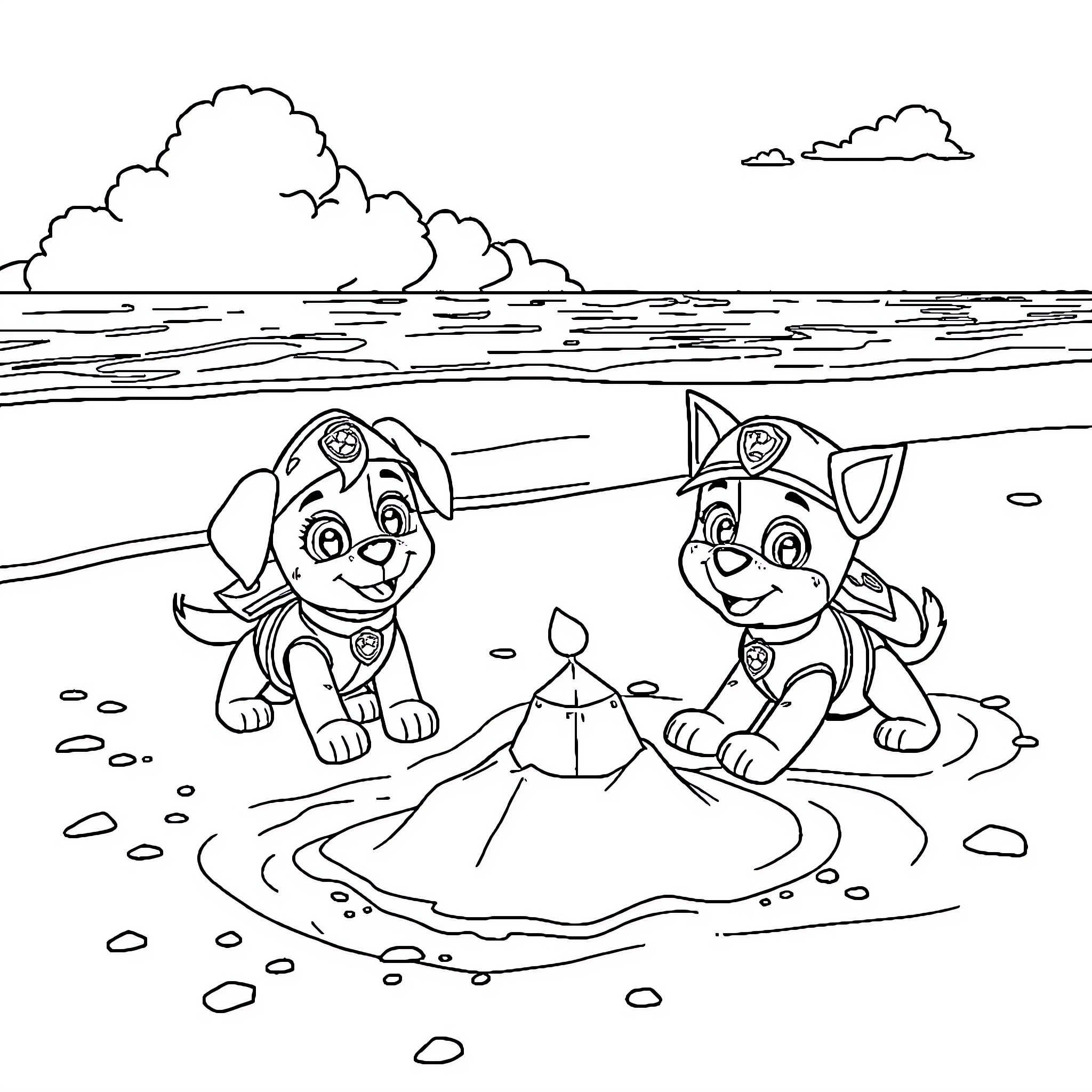 Paw Patrol puppies playing in the mud puddle Coloring Page (free black-and-white line drawing printable PDF for all, from beginners to advanced learners, including children, teens, adults, and seniors)