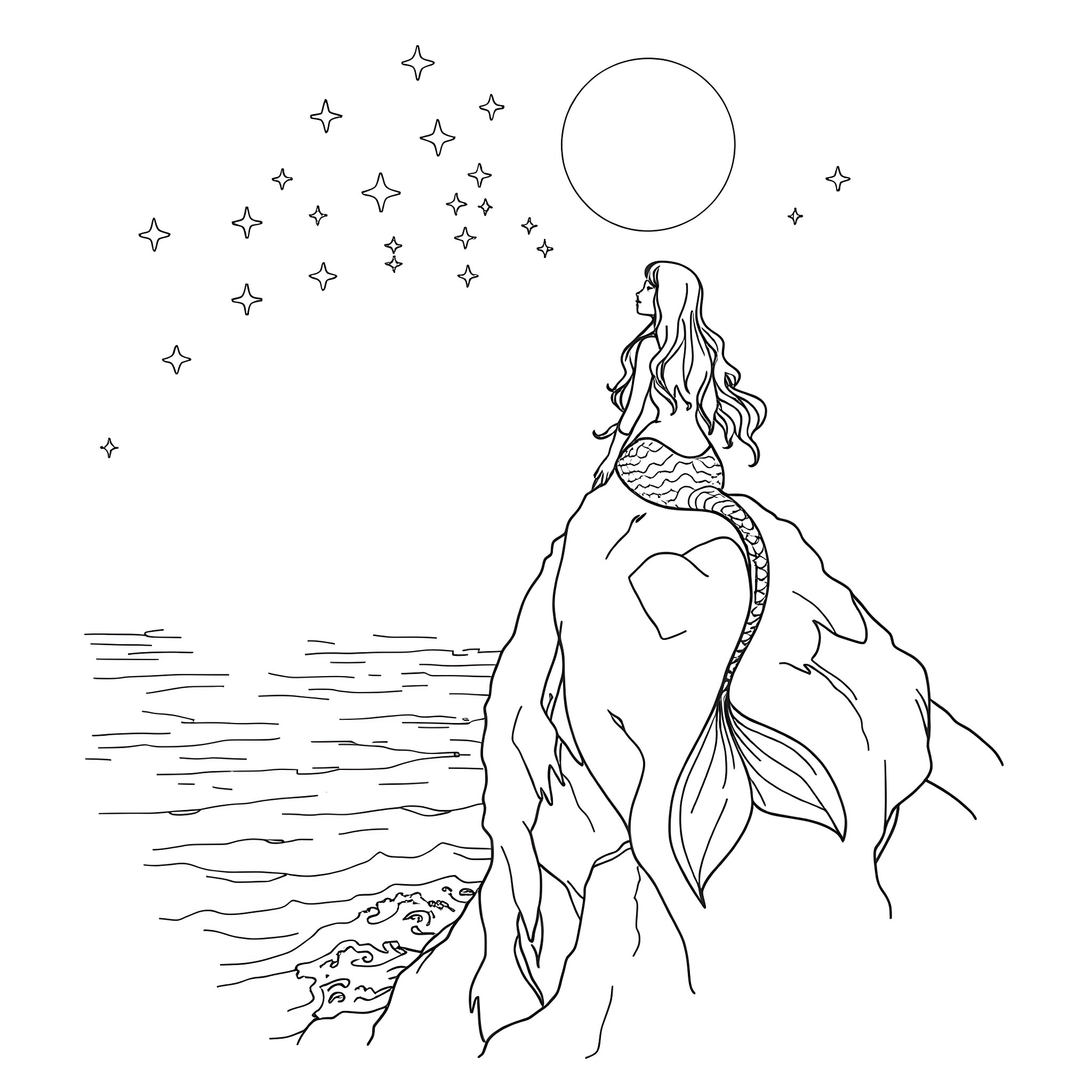 Mermaid gazing at the starry night sky Coloring Page (free black-and-white line drawing printable PDF for all, from beginners to advanced learners, including children, teens, adults, and seniors)