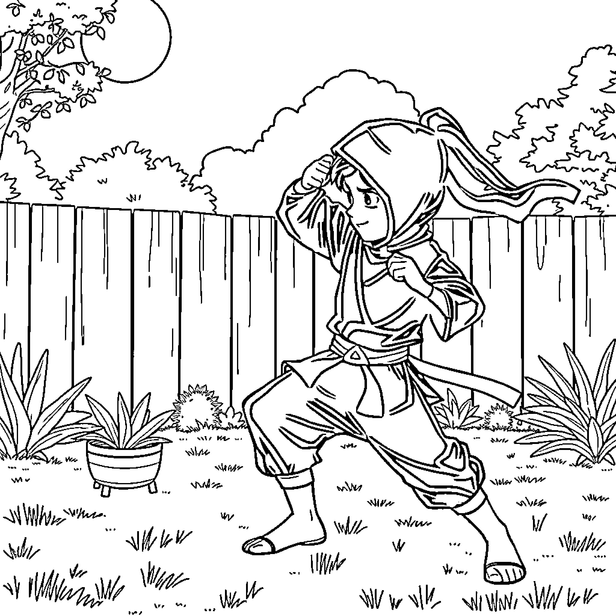 Ninja Warrior Battles the Night in the Garden Coloring Page (free black-and-white line drawing printable PDF for all, from beginners to advanced learners, including children, teens, adults, and seniors)