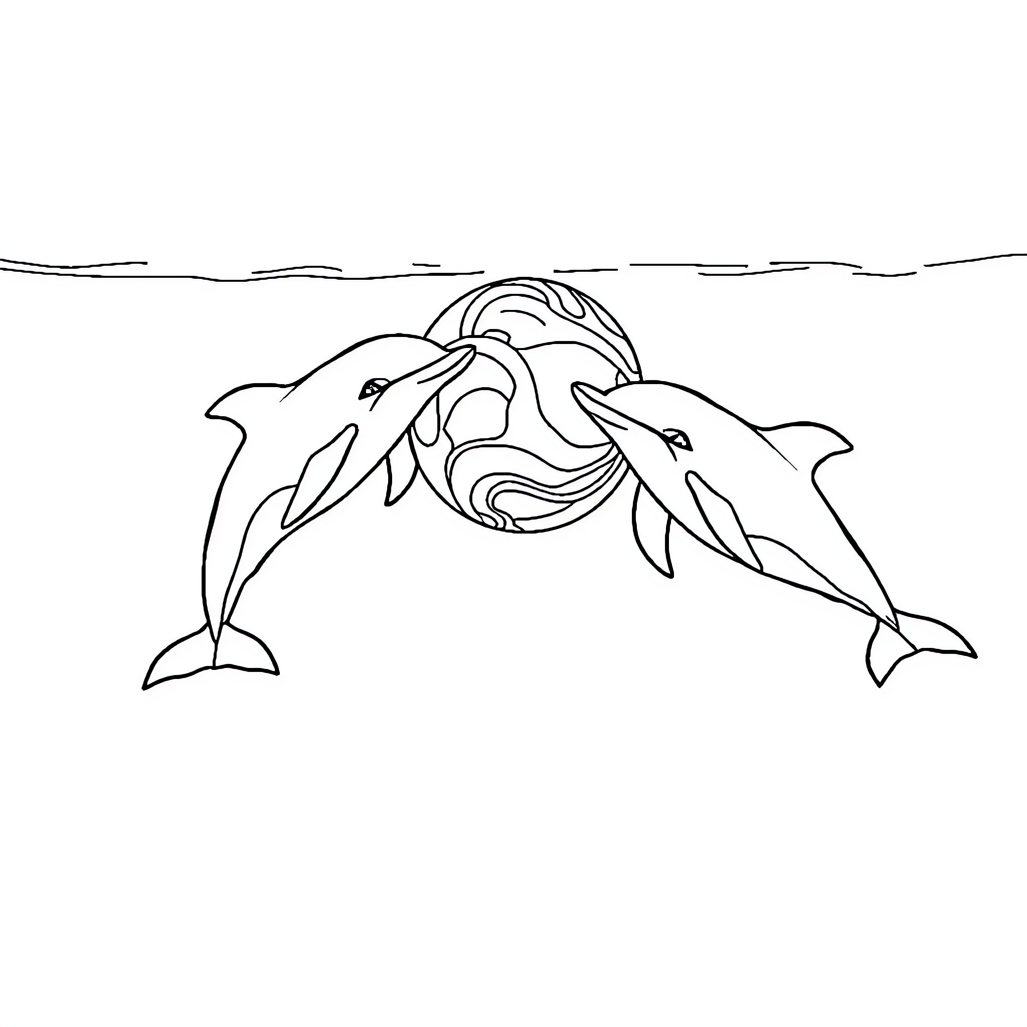 Dolphin playing with friends in the ocean Coloring Page (free black-and-white line drawing printable PDF for all, from beginners to advanced learners, including children, teens, adults, and seniors)