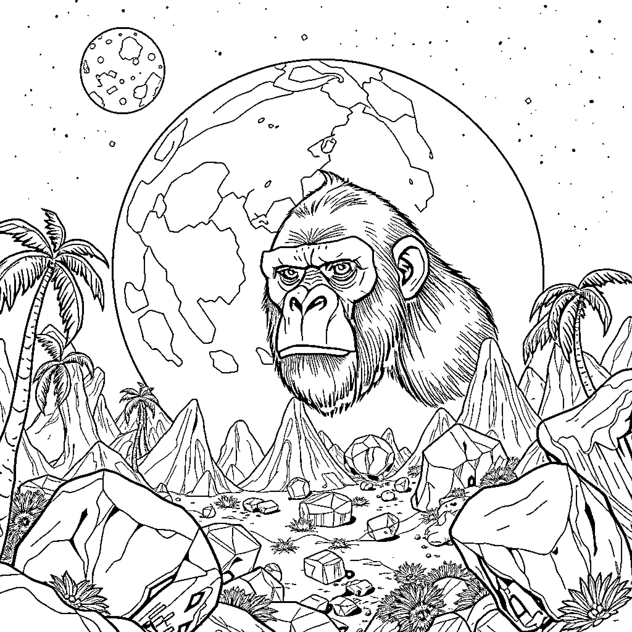 Ape contemplating the world in nature Coloring Page (free black-and-white line drawing printable PDF for all, from beginners to advanced learners, including children, teens, adults, and seniors)