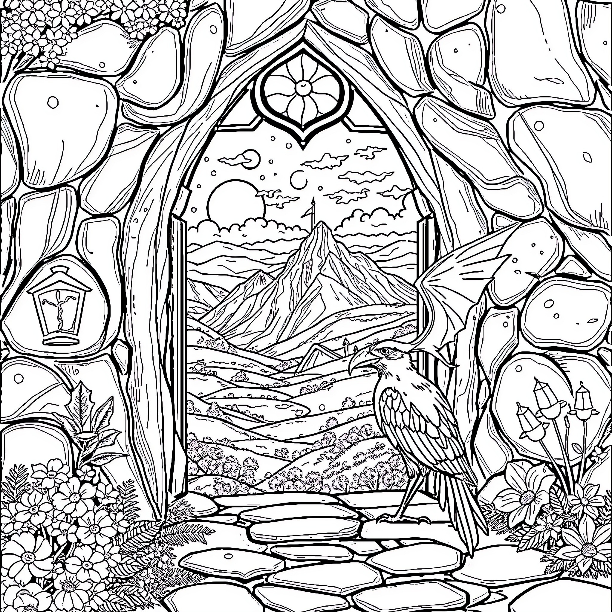 Window to a Whimsical Landscape Coloring Page (free black-and-white line drawing printable PDF for all, from beginners to advanced learners, including children, teens, adults, and seniors)