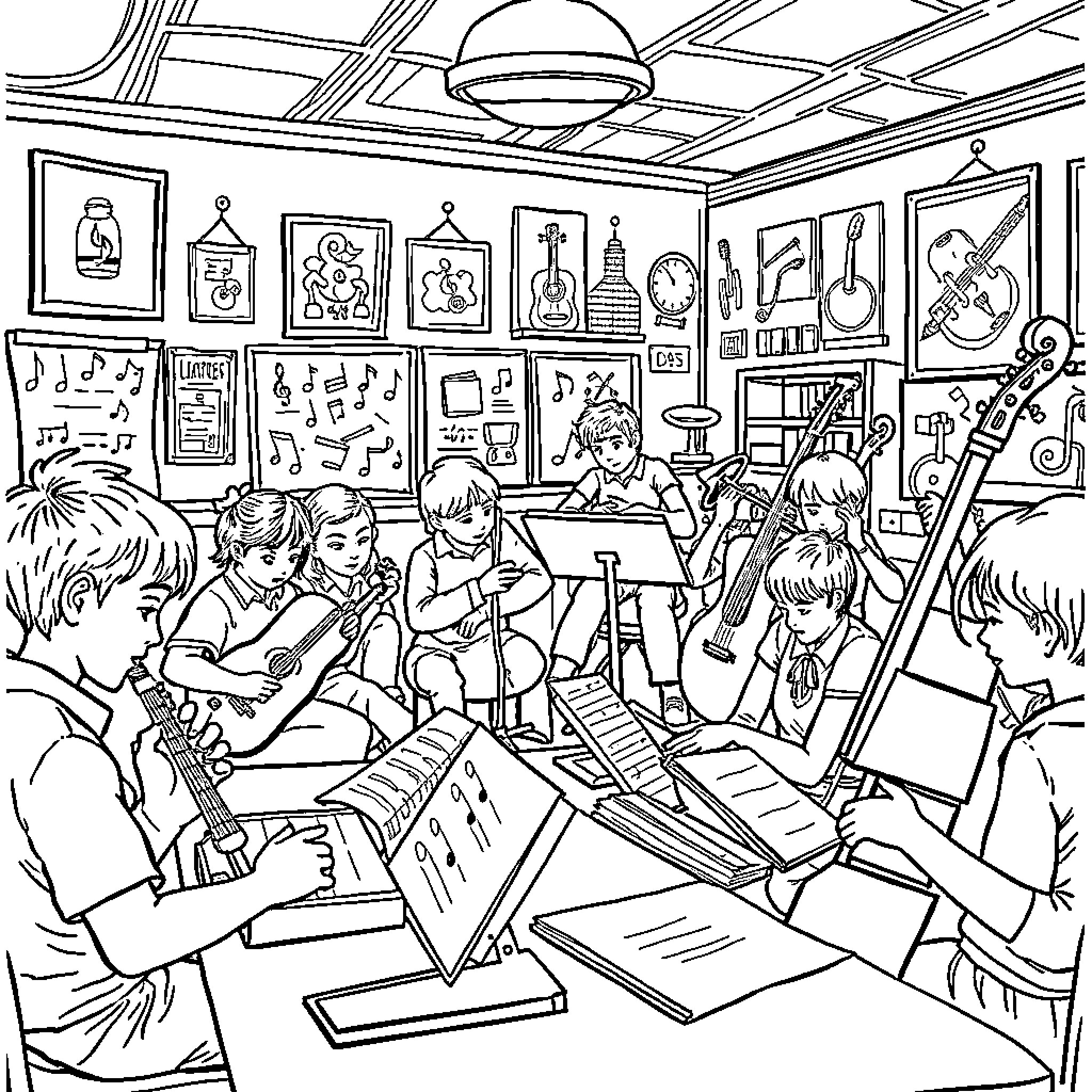 Earl's Music Lesson in the Classroom Coloring Page (free black-and-white line drawing printable PDF for all, from beginners to advanced learners, including children, teens, adults, and seniors)