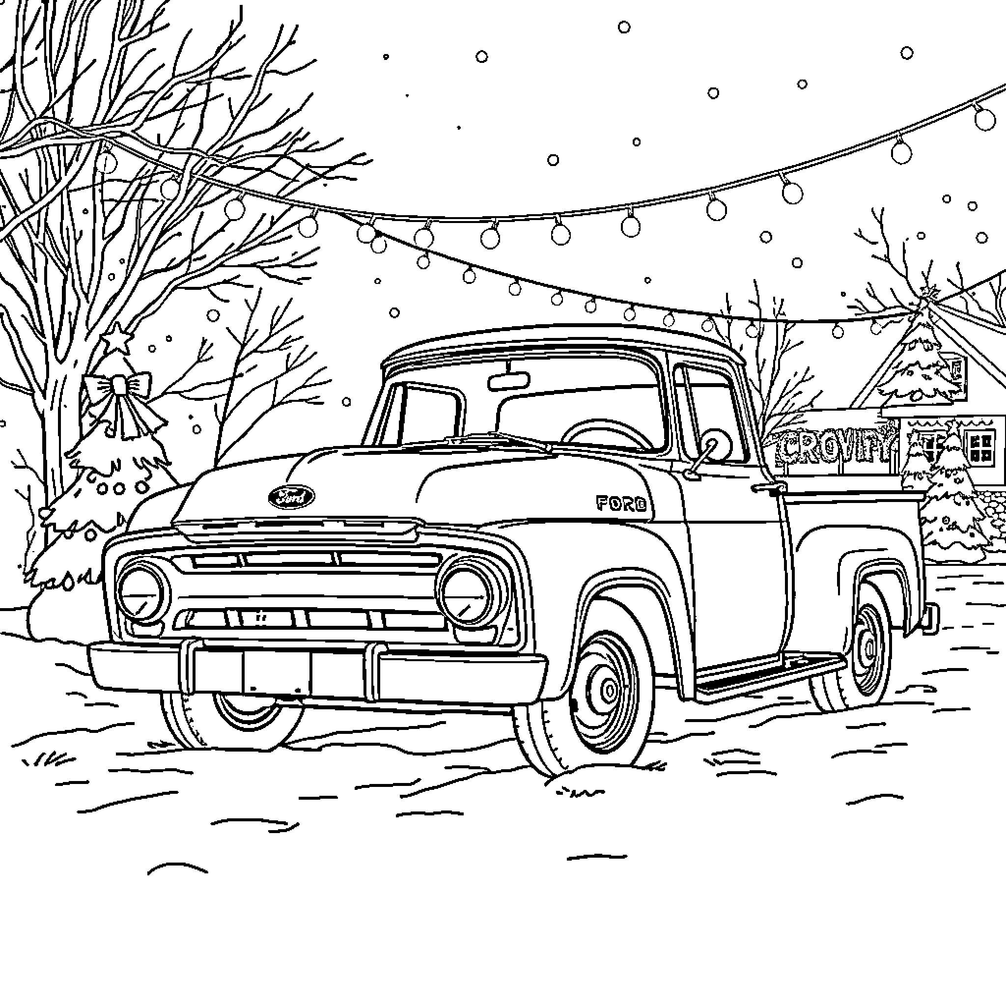 Ford F100 in winter wonderland with decorations Coloring Page (free black-and-white line drawing printable PDF for all, from beginners to advanced learners, including children, teens, adults, and seniors)