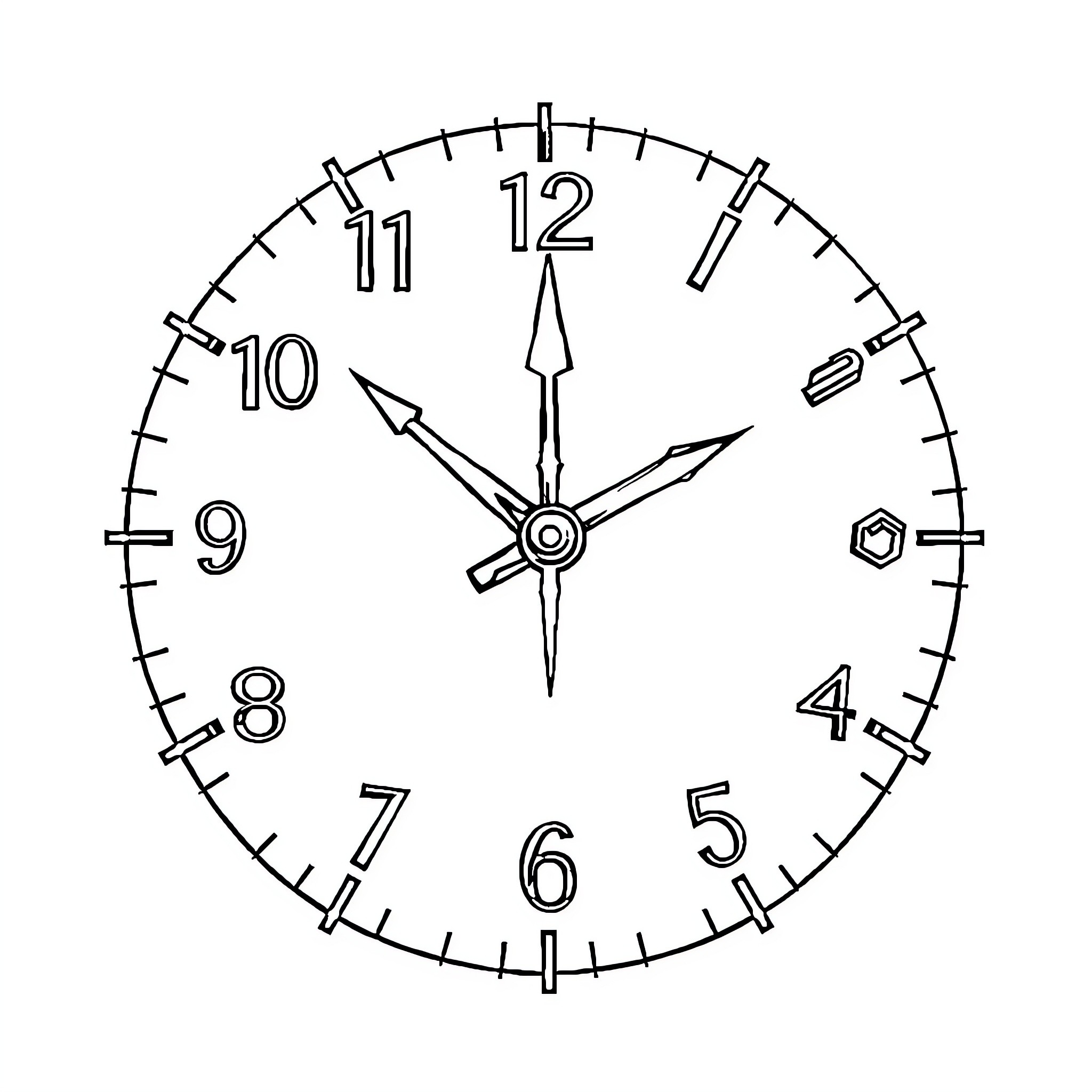 Hand-drawn analog clock face Coloring Page (free black-and-white line drawing printable PDF for all, from beginners to advanced learners, including children, teens, adults, and seniors)