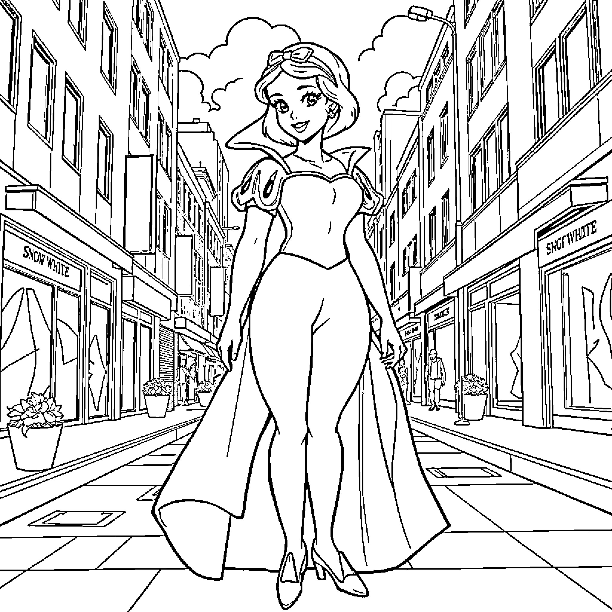 Snow White strolling down the city street Coloring Page (free black-and-white line drawing printable PDF for all, from beginners to advanced learners, including children, teens, adults, and seniors)
