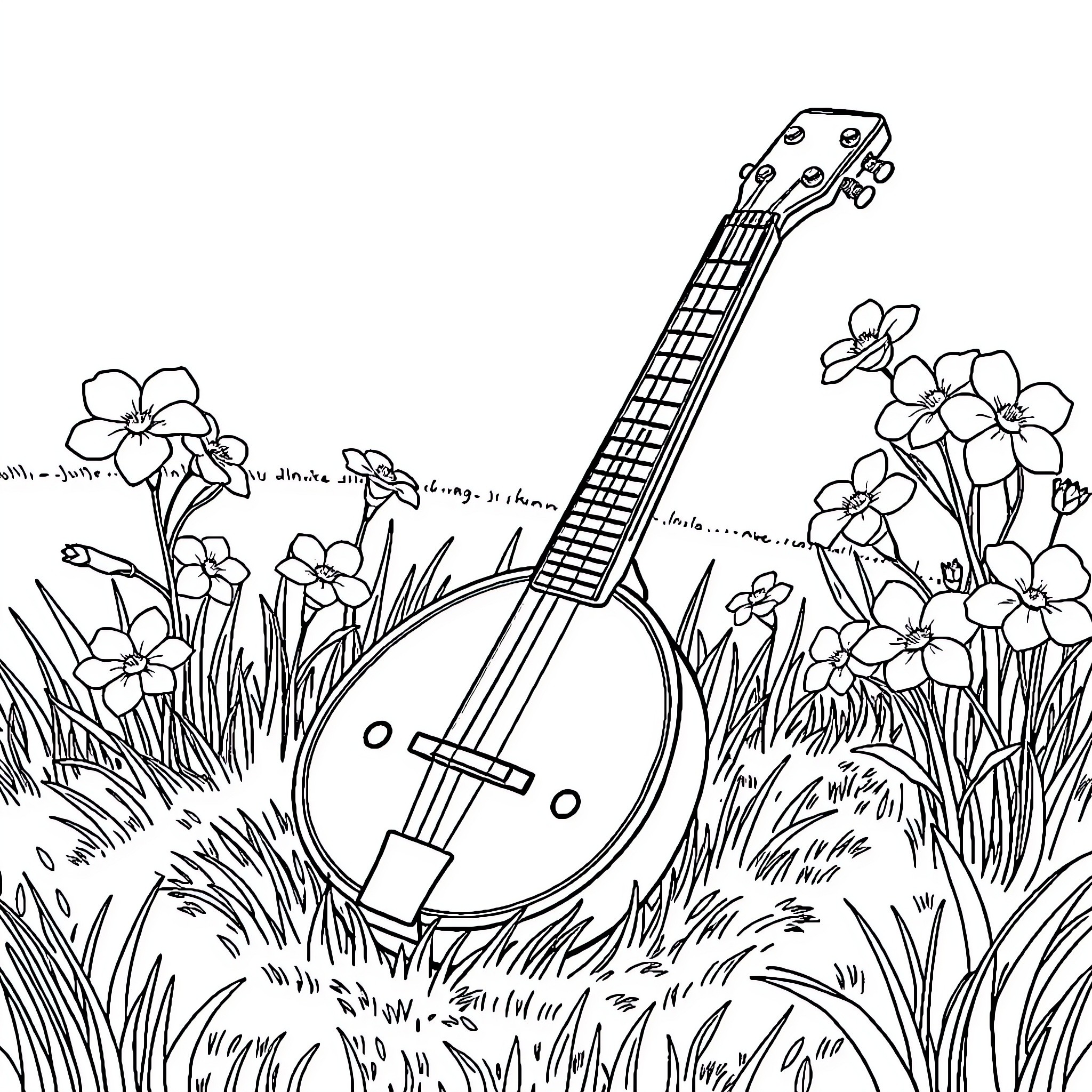 Banjo Among Blooming Flowers in a Field Coloring Page (free black-and-white line drawing printable PDF for all, from beginners to advanced learners, including children, teens, adults, and seniors)